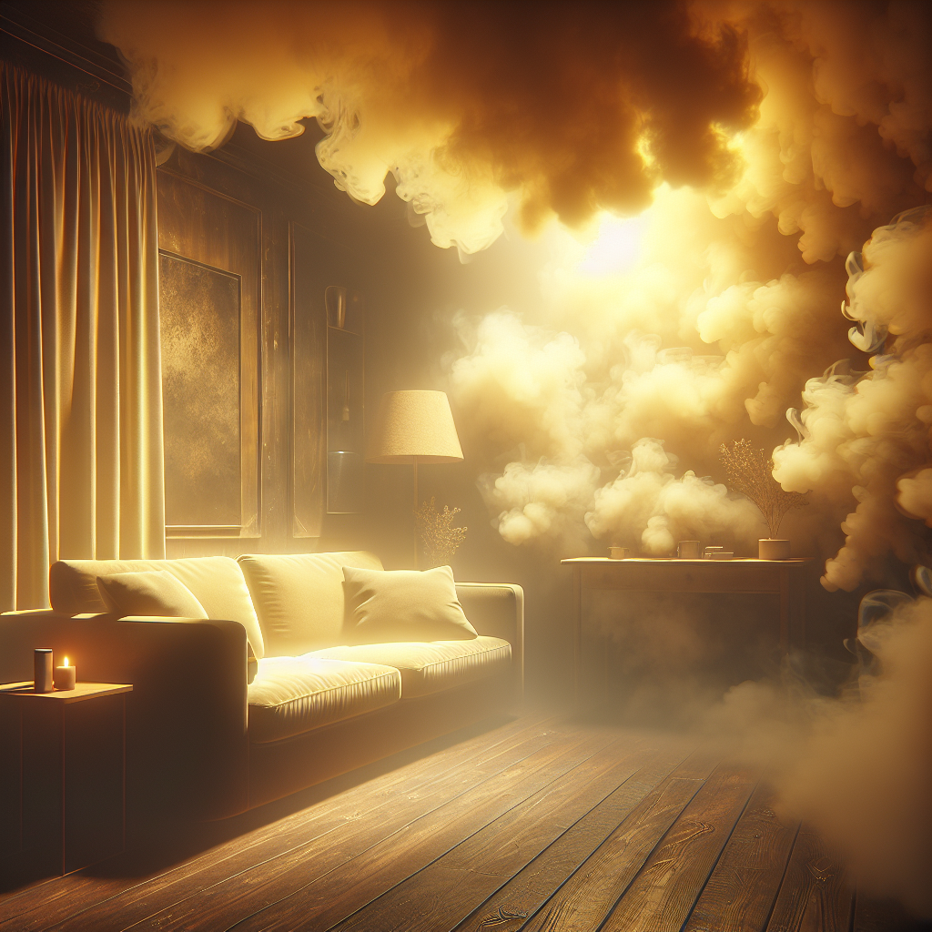 A dimly lit living room with a strong, yellowish-brown nicotine haze pervading the air, clinging to all surfaces including a sofa, curtains, and walls. The atmosphere is heavy and unpleasant, conveying a pervasive, stale cigarette smoke smell. Realistic, high detail, interior photography.