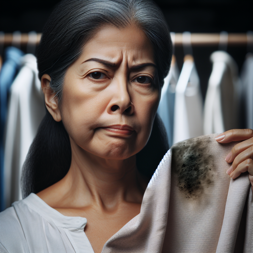 A person holding a piece of clothing with a subtle expression of distaste and a slightly wrinkled nose, visually suggesting an unpleasant musty or moldy smell. The background is a slightly dim laundry room or closet, emphasizing the problem. Realistic, with focus on fabric texture.