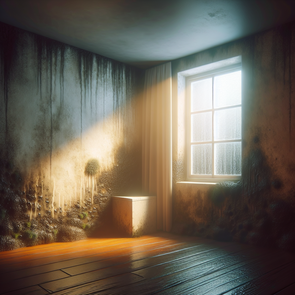A visual representation of an unpleasant, musty mold smell pervading a dimly lit, damp corner of a room. Subtle hints of moisture on walls, but no visible mold. The air has a heavy, stale, almost visible quality, conveying the oppressive odor. Focus on atmosphere and the invisible problem, realistic photo.