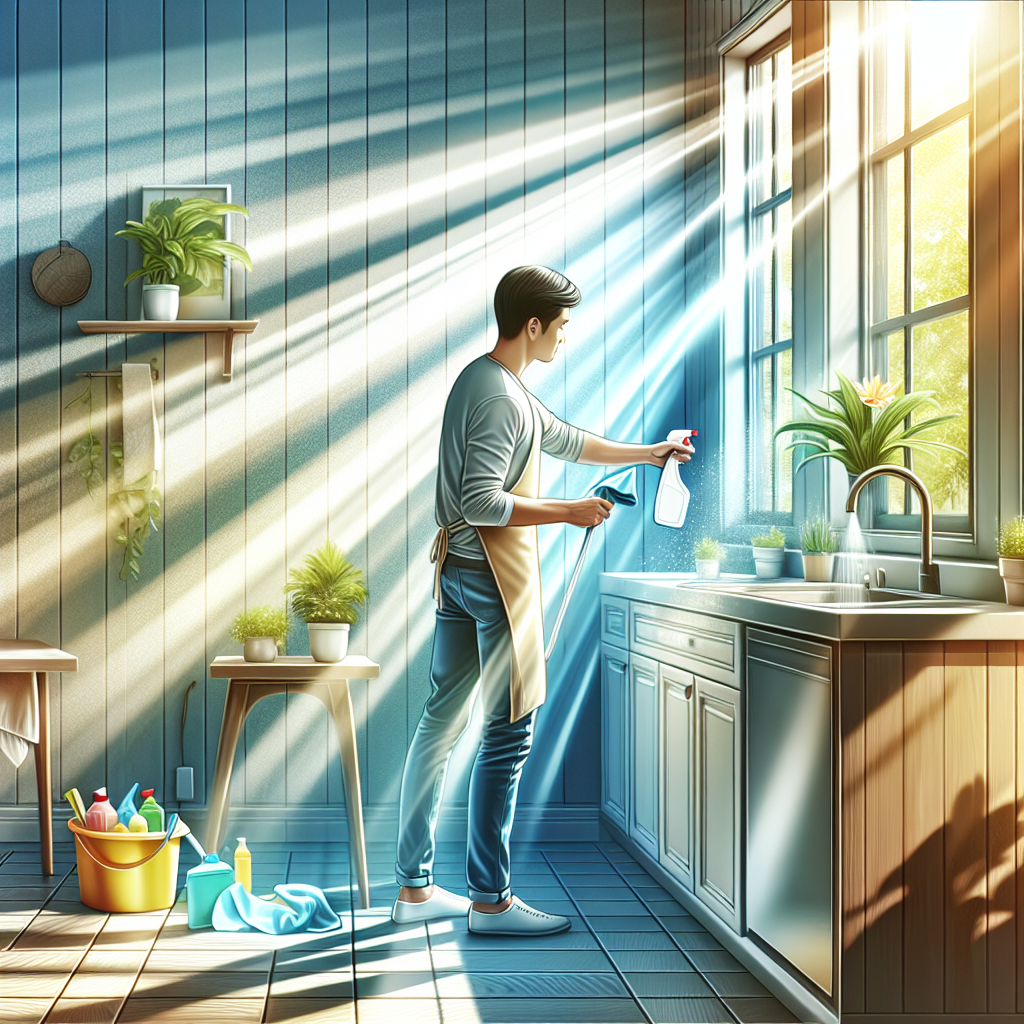 A bright, well-ventilated bathroom or kitchen, where sunlight streams in through an open window. A person is seen wiping down a surface with a cloth and a cleaning spray bottle, symbolizing effective cleaning and odor removal. The scene evokes freshness, cleanliness, and the successful resolution of a mold smell problem, realistic photo.
