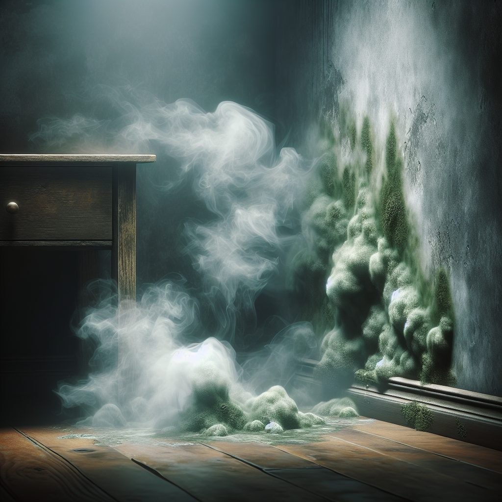 A dark, damp corner in a room, with visible greenish-grey, wispy fumes emanating from behind a piece of furniture or a wall, symbolizing a hidden mold smell. The atmosphere is oppressive and unpleasant, possibly with a subtle hint of moisture. Realistic photography style.