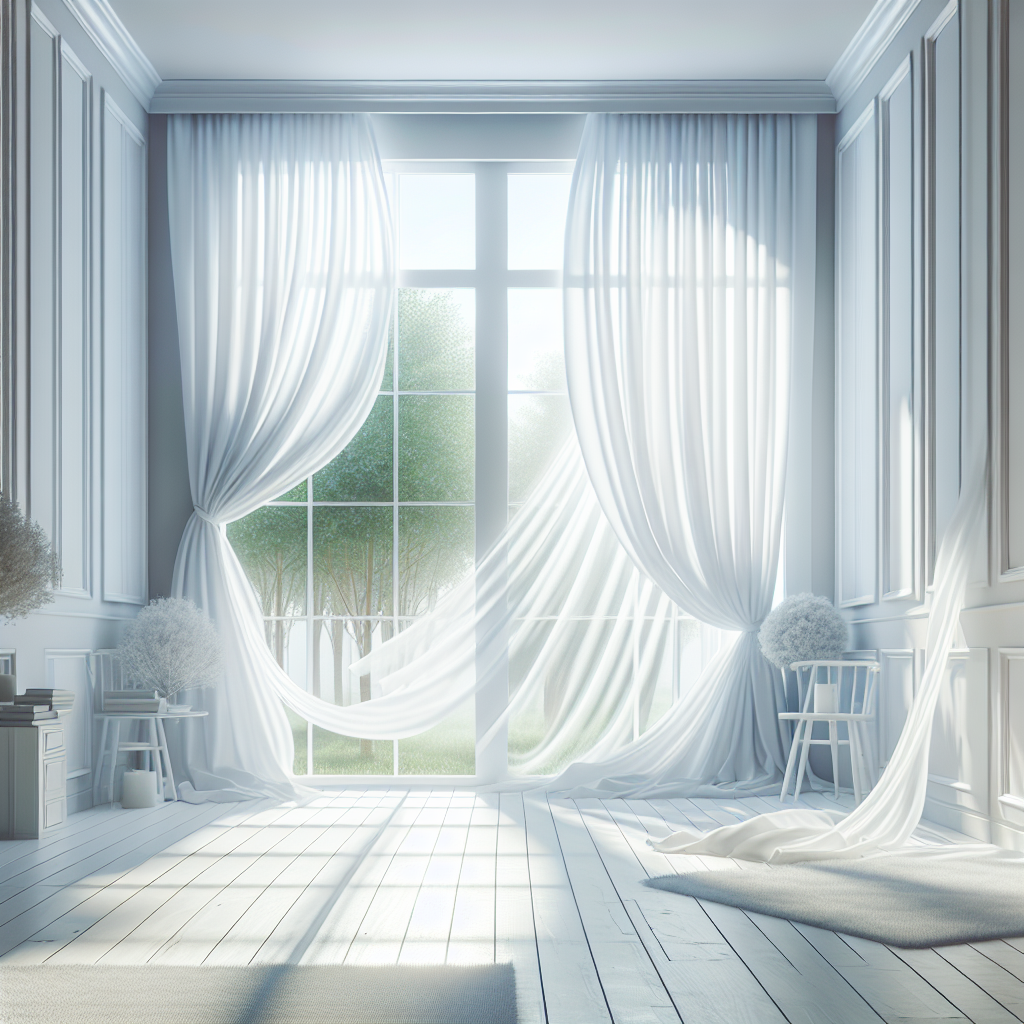 A bright, clean, and airy room with a large window wide open, letting in an abundance of fresh sunlight and a gentle breeze. White curtains are gently billowing, and the overall atmosphere is one of freshness, cleanliness, and revitalization, symbolizing effective ventilation and the removal of odors. Modern, inviting style.