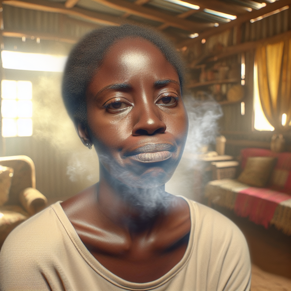 A close-up shot showing a person, possibly with a slightly wrinkled nose or a look of mild distaste, in a home environment with a subtle, almost visible yellow-brown haze in the air, hinting at ingrained nicotine smoke. The background features slightly aged textiles or furniture, conveying a sense of staleness. Realistic, indoor photo, soft diffused light, focus on atmosphere.