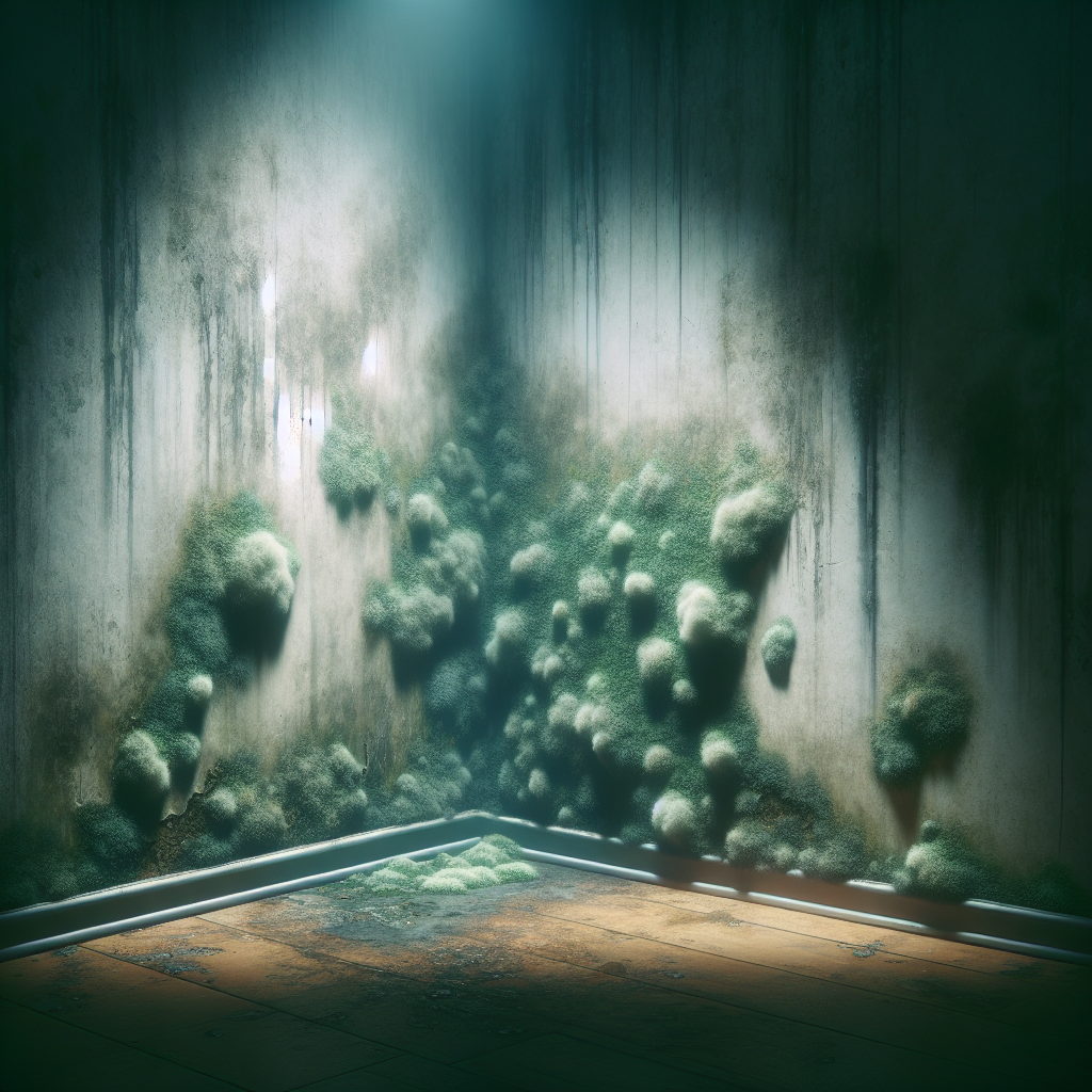 A subtly atmospheric and slightly unsettling image of a damp corner in a home. A faint, almost visible, greenish-grey haze subtly emanates from the wall, symbolizing an unpleasant mold smell. The room is dimly lit, suggesting moisture and neglect, but without showing explicit, large mold patches. Realistic, evoking a sense of mustiness and an undesirable odor.