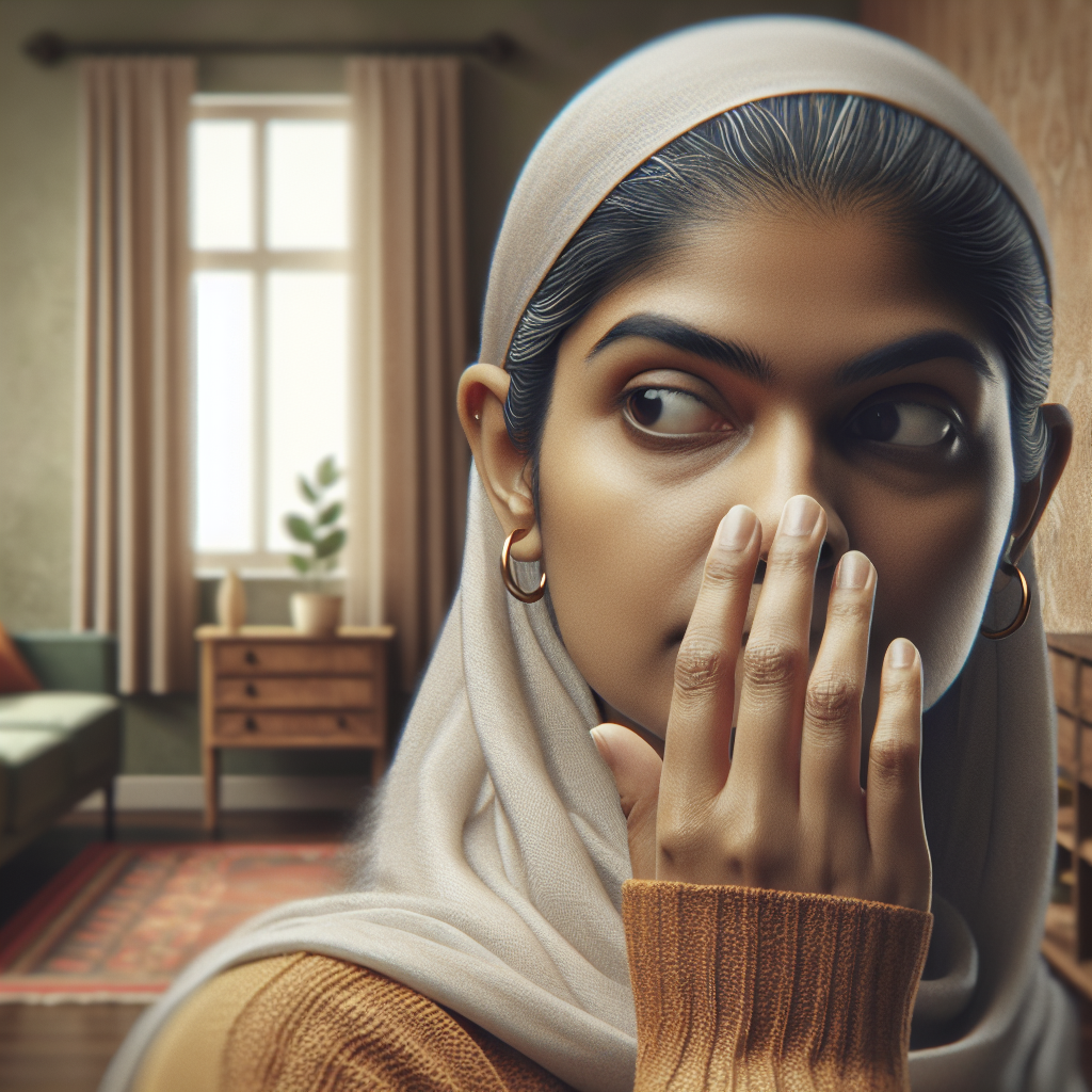 A person, perhaps a woman, with a subtle look of concern and a slight wrinkle of the nose, discreetly sniffing the air in a seemingly normal but slightly dim residential room. There is no visible mold, but the atmosphere suggests an unpleasant, musty, damp, or earthy odor, emphasizing the unseen problem of mold smell. Realistic photo, soft, muted colors, focus on the sensory experience.