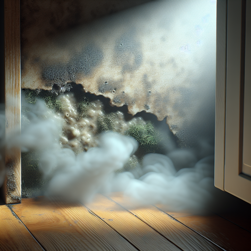 A close-up shot of a hidden, damp corner in a house, perhaps behind a cabinet in a bathroom or under a kitchen sink. There are no overt mold patches, but a subtle discoloration or slight peeling suggests underlying moisture. A faint, almost transparent, greenish-grey wavy mist or cloud subtly emanates from the unseen area, visually representing the musty, earthy smell of hidden mold. Photorealistic, slightly moody lighting, evoking a sense of discovery.