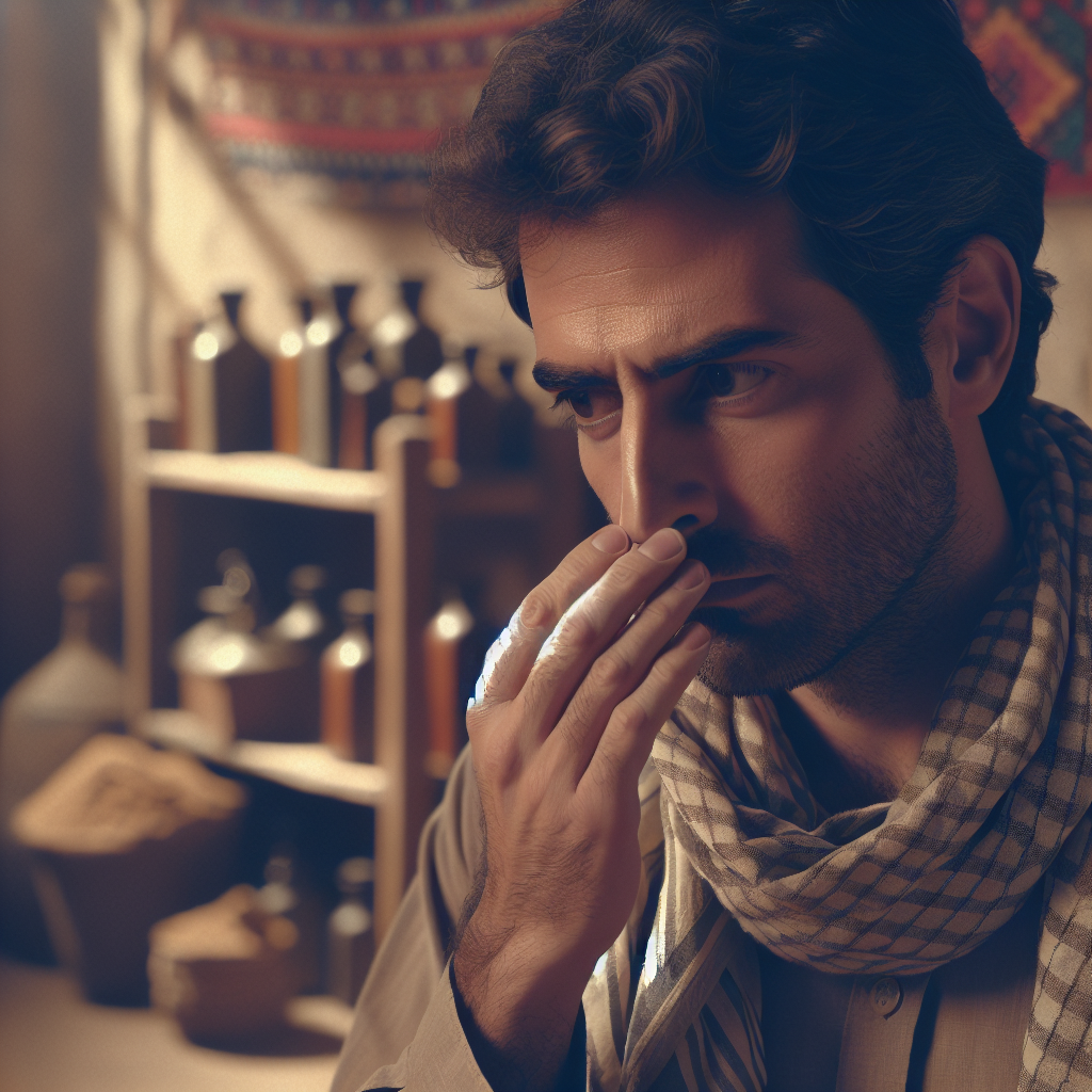 A person, looking thoughtful and slightly concerned, subtly sniffs the air in a cozy but perhaps slightly unventilated home environment. The atmosphere hints at a faint, musty, earthy smell that the person is trying to identify. Soft, natural lighting, realistic style.