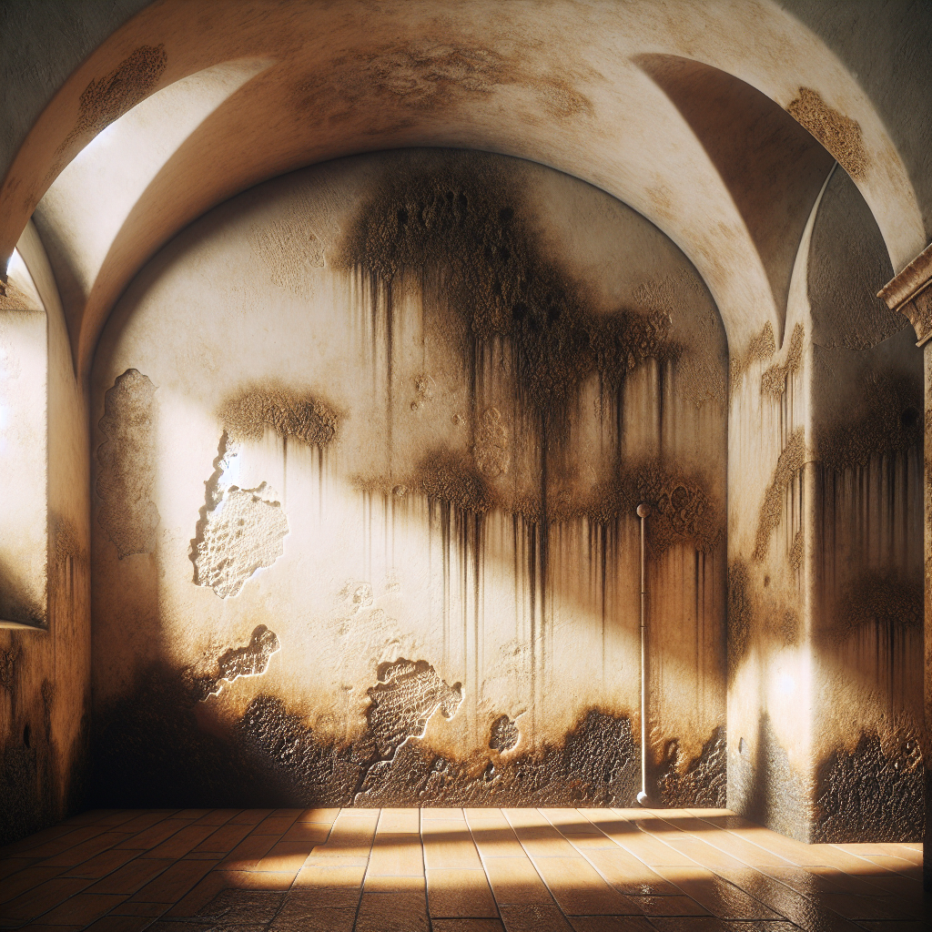 A subtle, close-up shot of a damp corner in an old house, perhaps a basement wall or behind a piece of furniture. The wall shows faint signs of moisture, like a slight discoloration or damp patch. The light is natural but slightly muted, evoking a sense of age and a potential hidden problem, without showing overt mold. Realistic photo.