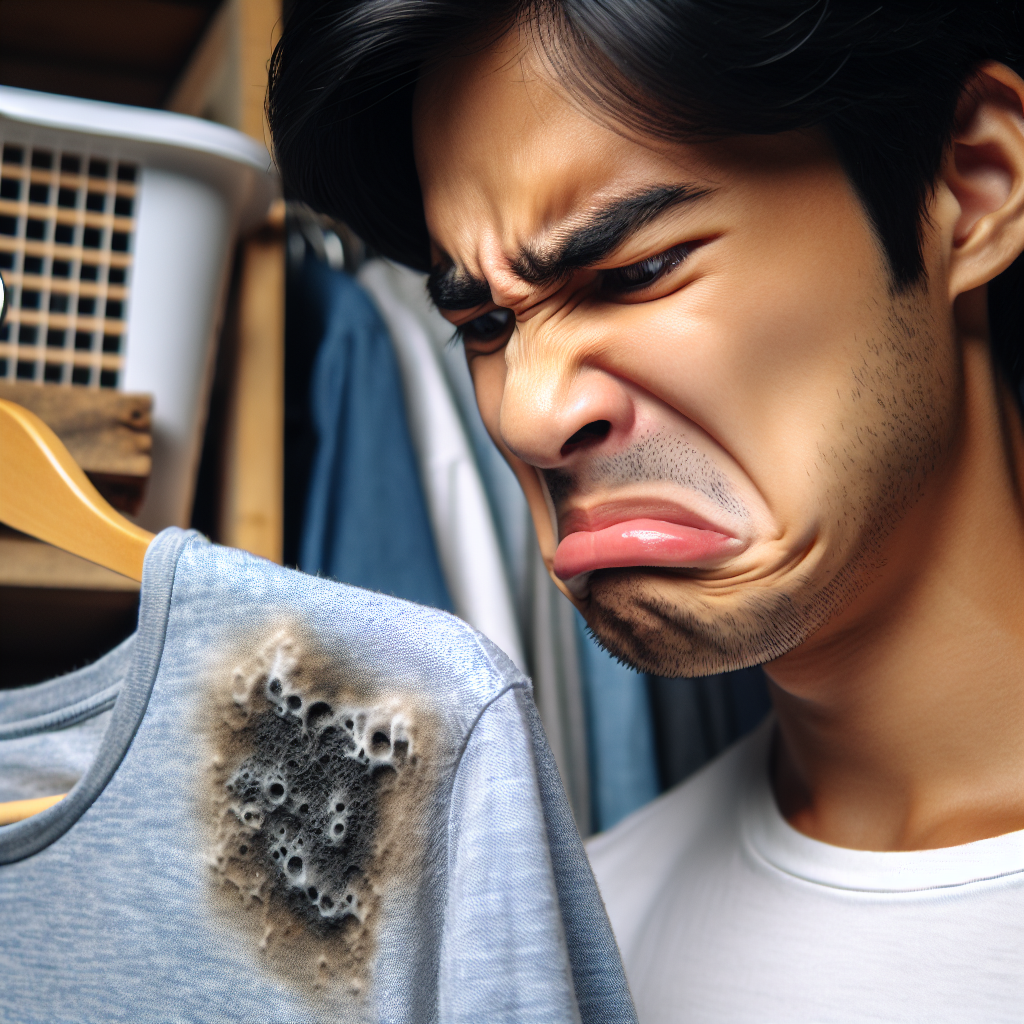 Nahaufnahme einer Person, die mit angewidertem Gesichtsausdruck an einem muffig riechenden, feuchten T-Shirt riecht. Das Stoff des T-Shirts zeigt leichte Verfärbungen oder Anzeichen von Schimmel. Im unscharfen Hintergrund ist ein feuchter Kleiderschrank oder Wäschekorb angedeutet. Realistischer Fotostil, der Unannehmlichkeit und Frustration vermittelt.
