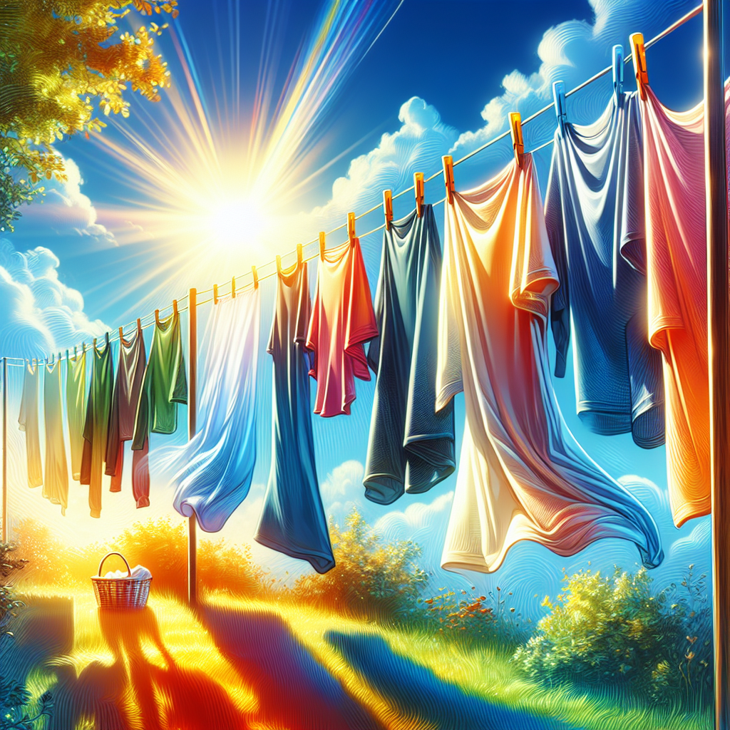 Helles und klares Bild von frischer, feuchter Kleidung (T-Shirts, Hemden), die an einer Wäscheleine im Freien hängt und von warmer Sonnenschein beleuchtet wird. Eine leichte Brise ist dezent sichtbar und lässt die Kleidung flattern. Im Hintergrund ein strahlend blauer Himmel mit einigen weichen Wolken und ein Hauch von grüner Natur. Die Szene vermittelt Frische, Sauberkeit und Optimismus. Realistisch, leuchtende Farben.
