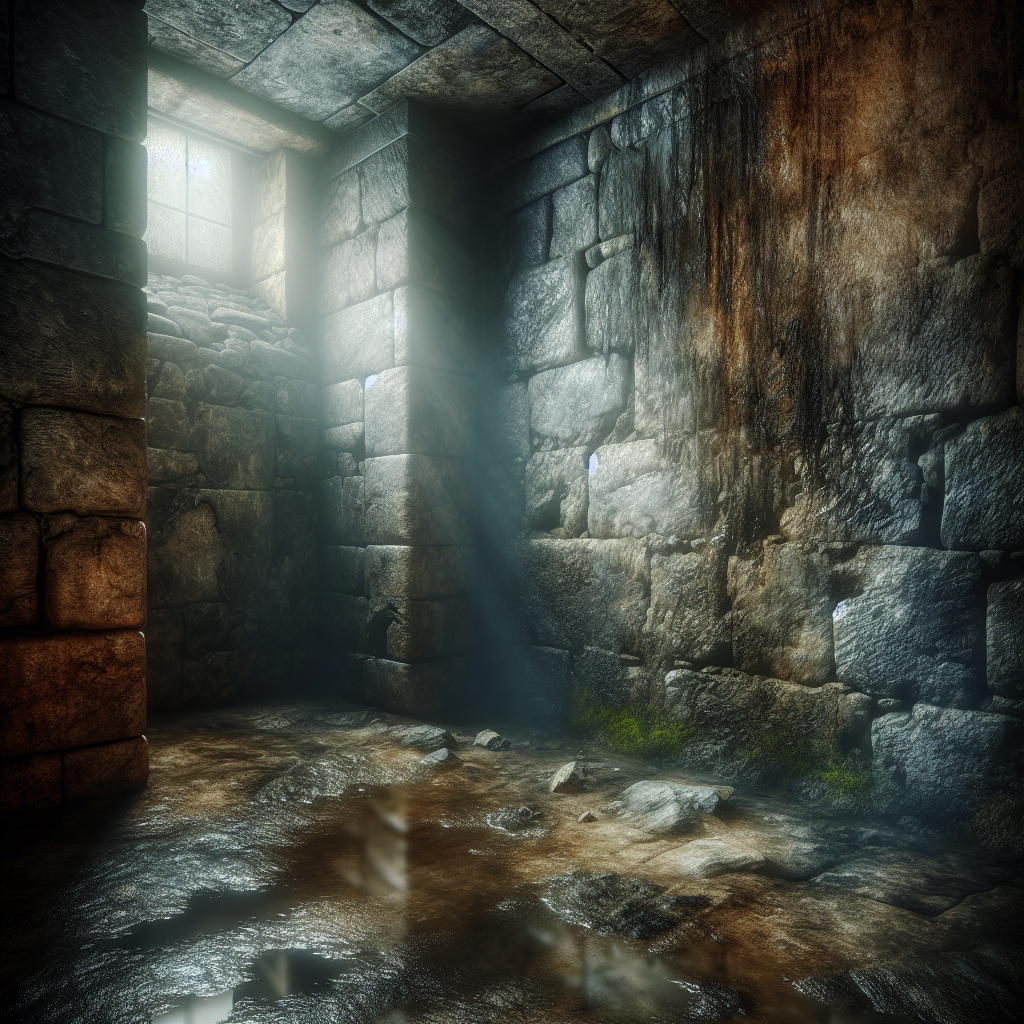 A dimly lit, old-fashioned basement corner with a visible damp patch on a stone wall. The air appears thick and stagnant, with a subtle, almost visible haze, conveying a strong sense of a musty, unpleasant odor. The scene feels neglected and uncomfortable, high detail.