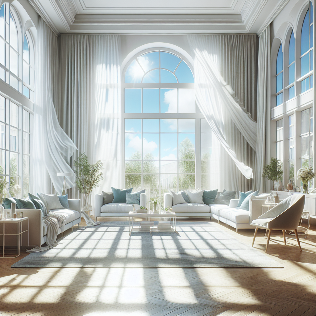A bright, clean home interior, with large windows wide open, allowing abundant natural light and fresh air to stream in. White sheer curtains are gently billowing. The room feels airy, pristine, and inviting, conveying a strong sense of freshness and well-being. Focus on natural light and a feeling of revitalization.
