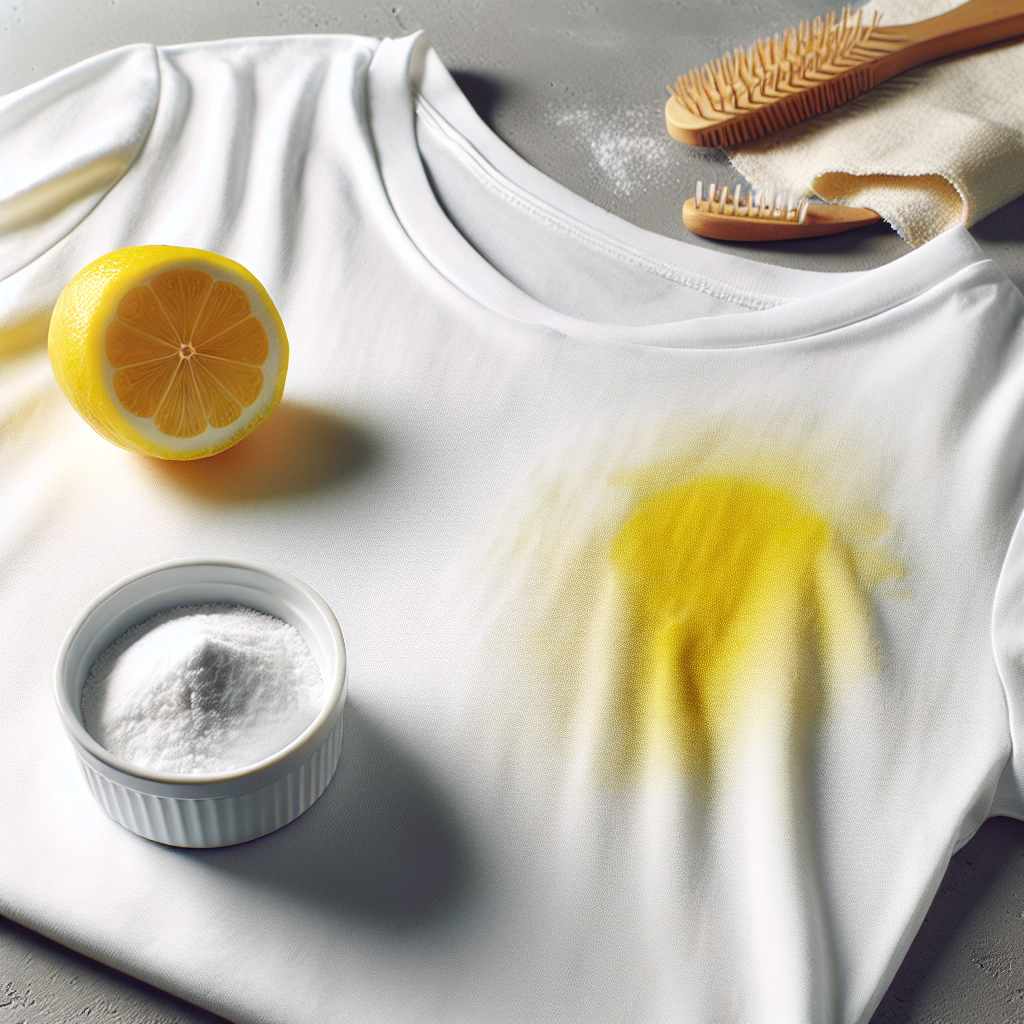A close-up shot of a pristine white t-shirt with distinct yellow sweat stains visible in the armpit area, next to a small bowl of baking soda and a sliced lemon, implying a natural cleaning method. The setting should be bright and clean, highlighting the contrast between the stain and the potential for freshness. High-quality, clear photography style.