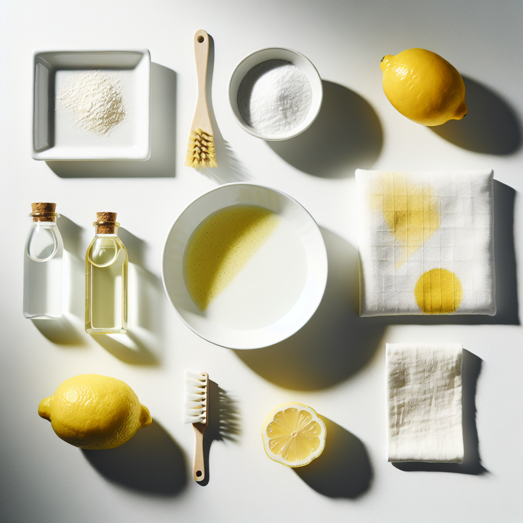 A clean, minimalist composition featuring various household items with subtle but noticeable yellow stains: a small section of a white mattress with a yellowed patch, a white ceramic tile with yellow discoloration in the grout, and a white fabric swatch with a faint yellow mark. Arranged around these items are natural cleaning remedies like a bowl of baking soda, a lemon, a bottle of white vinegar, and a scrubbing brush. The lighting is bright and natural, conveying a hopeful and solution-oriented atmosphere.