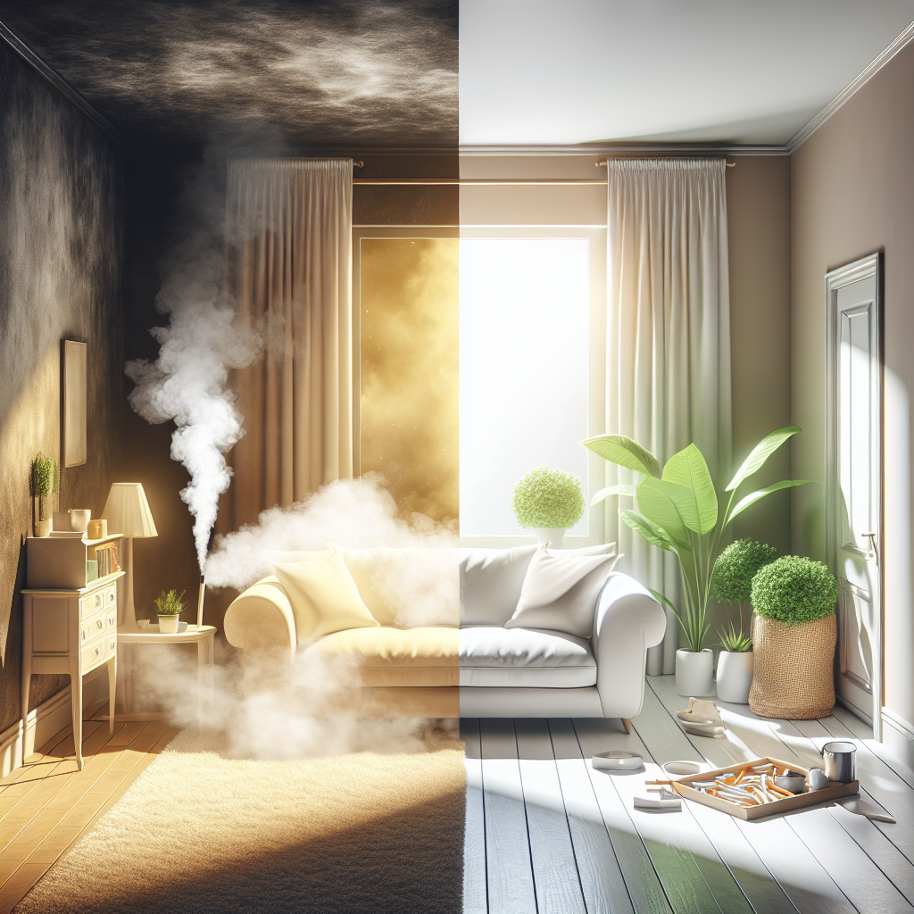Ein gemütliches Wohnzimmer, diagonal geteilt. Eine Hälfte ist in einen gelblich-braunen Dunst gehüllt, der hartnäckigen Nikotinrauch symbolisiert, mit einer abgestandenen, schweren Atmosphäre. Die andere Hälfte ist hell, sauber und luftig, gefüllt mit natürlichem Licht, das durch ein offenes Fenster strömt, frischen grünen Pflanzen und makellosen Oberflächen, die ein Gefühl von Frische und Reinheit ausstrahlen. Hoher Kontrast, realistischer Stil.