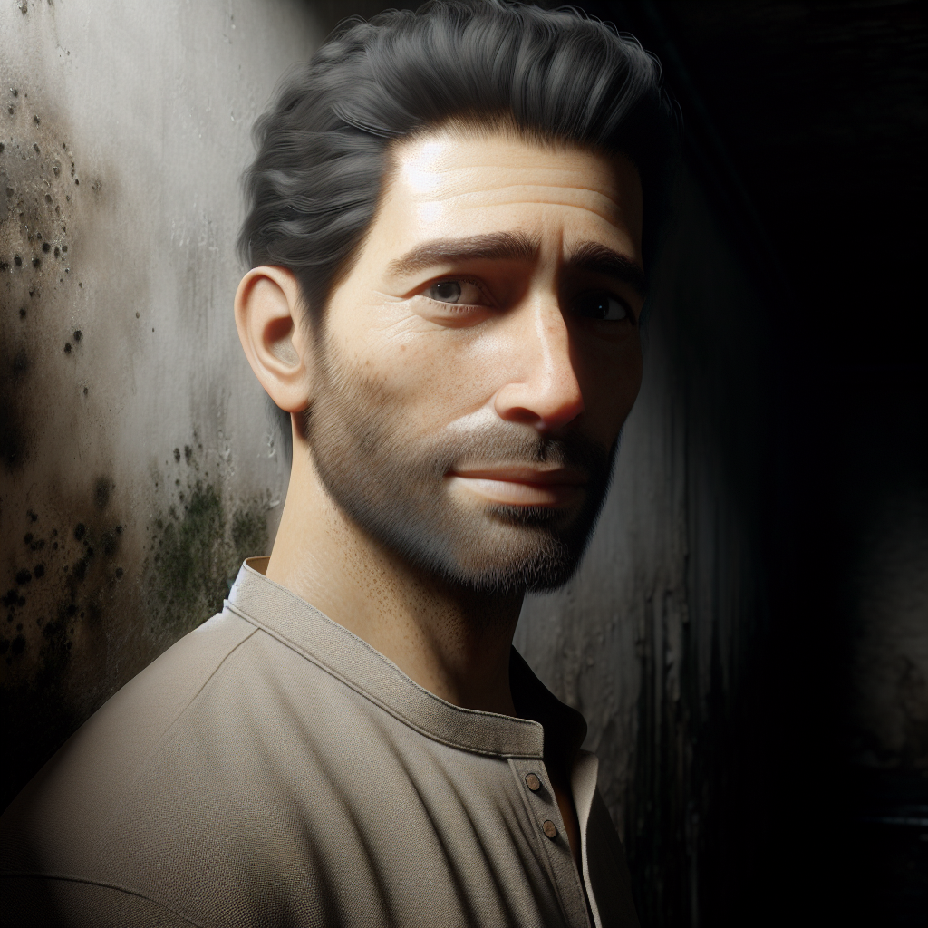 A person with a concerned expression, slightly wrinkling their nose, standing in a dimly lit, somewhat damp room, perhaps a basement or an old bathroom. The atmosphere conveys a distinct sense of unpleasant, musty odor, with subtle visual cues of moisture on a wall or a dark corner, but without showing explicit mold spores. Realistic photo style.