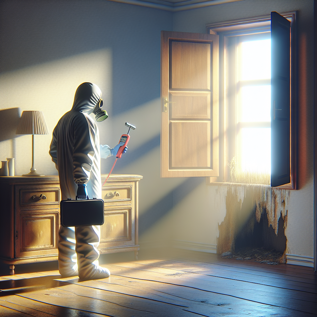 A bright, well-lit room, possibly a bathroom or kitchen, with a window wide open, letting in fresh air and sunlight. A person, wearing gloves, is carefully inspecting a damp-looking area on a wall or behind furniture, holding a tool like a moisture meter, symbolizing the active step of finding the cause and airing out the space. The overall mood is one of hope and action towards a cleaner environment. Realistic photo style.