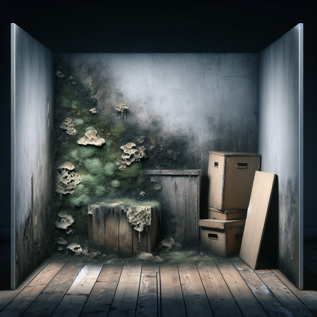A dimly lit, forgotten corner of a room, possibly a basement or a closet, with a subtle, unhealthy patch of mold growing on a wall or behind an object. The overall atmosphere feels heavy, damp, and stagnant, visually conveying a strong musty, unpleasant smell. Realistic interior photo, slightly eerie.