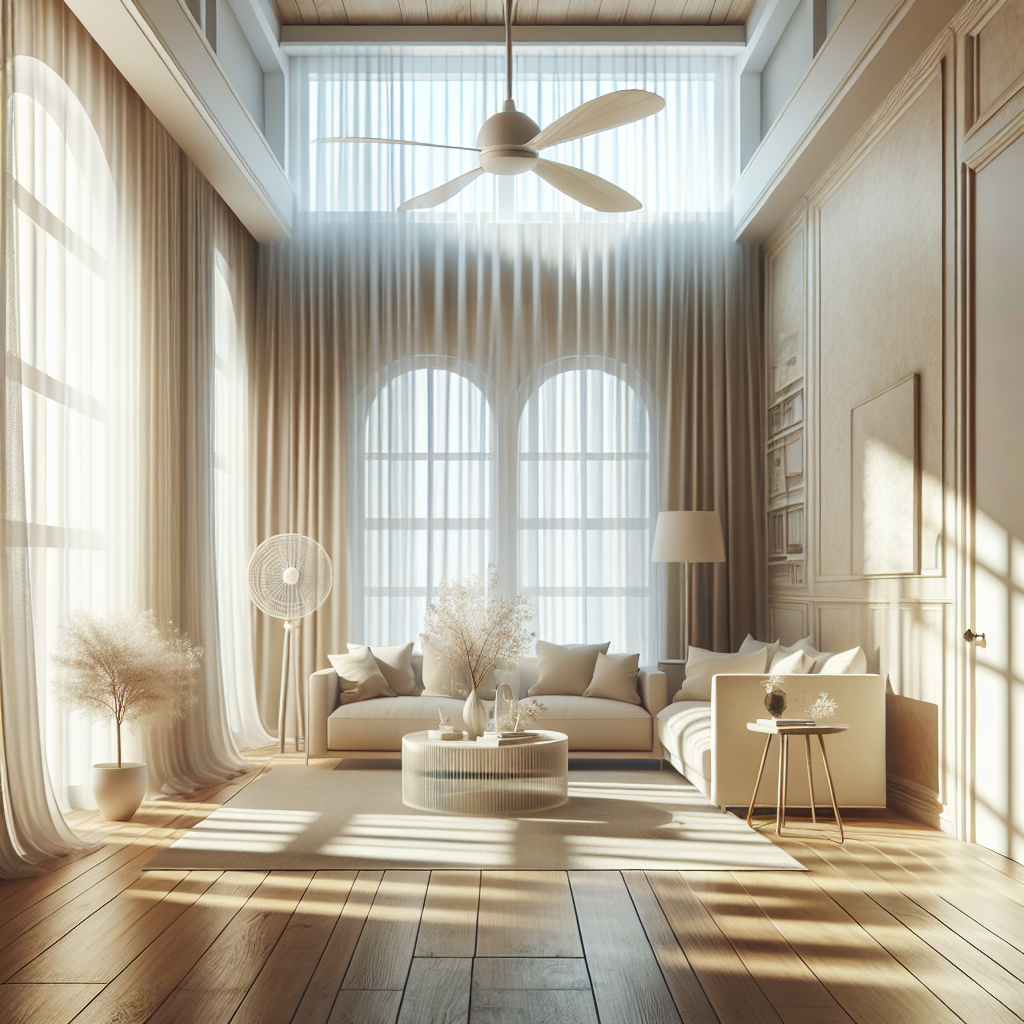 A bright, clean room (e.g., living room or bedroom) with wide-open windows and sheer curtains gently blowing, indicating fresh air flow. Sunlight streams into the space, illuminating a comfortable, airy environment. A subtle hint of a fan or open window signifies active ventilation and drying, creating a sense of cleanliness and renewed freshness. Realistic, inviting interior photo.