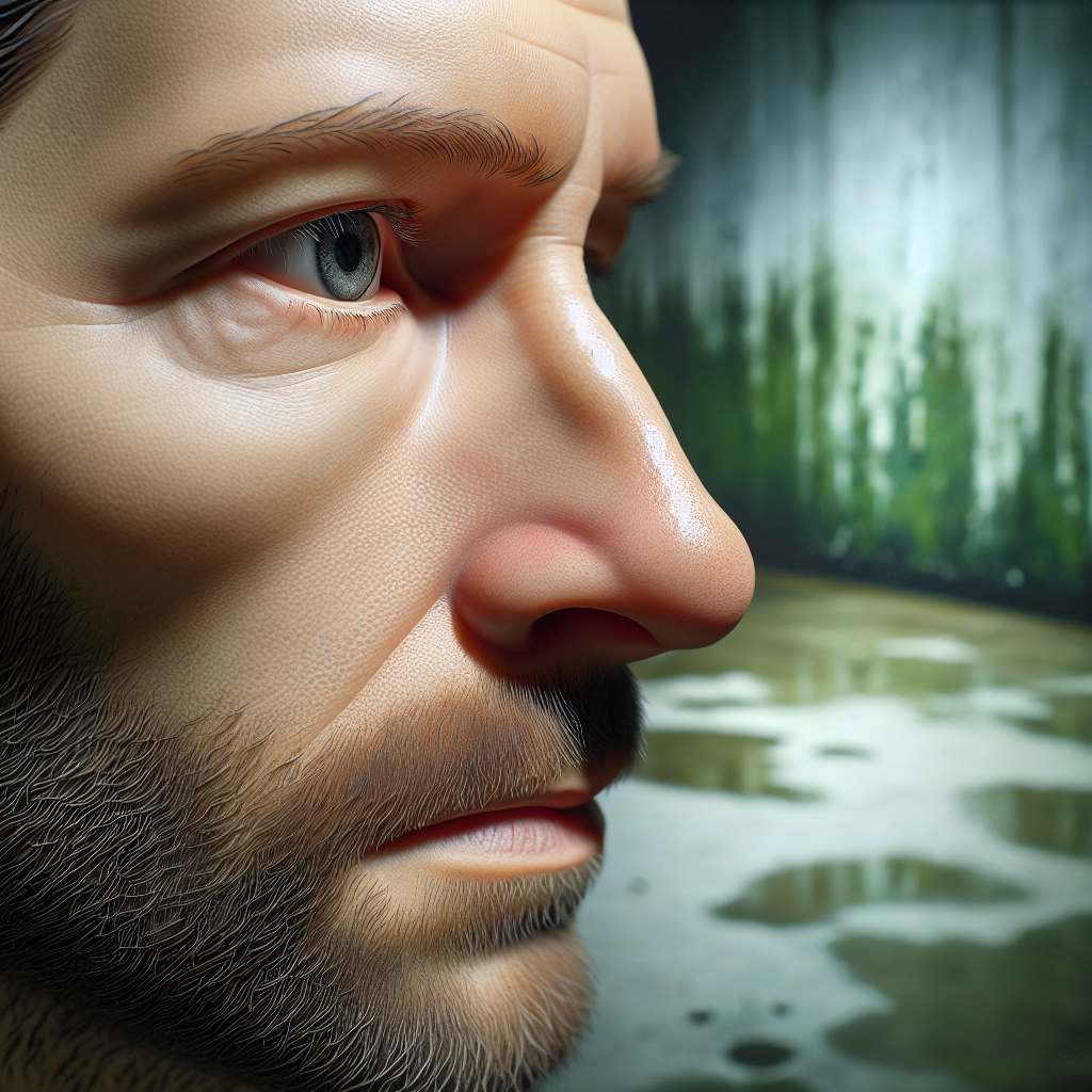 A close-up of a person's face in profile, their nose slightly wrinkled and eyes showing a subtle discomfort, depicting the distinct, unpleasant sensation of smelling mold. The background is softly blurred but hints at a damp, cool, interior space with subtle visual cues of moisture on a shadowed wall or corner, creating an atmosphere of a hidden problem. The color palette emphasizes muted greens, grays, and browns. Realistic photograph, shallow depth of field, natural light.