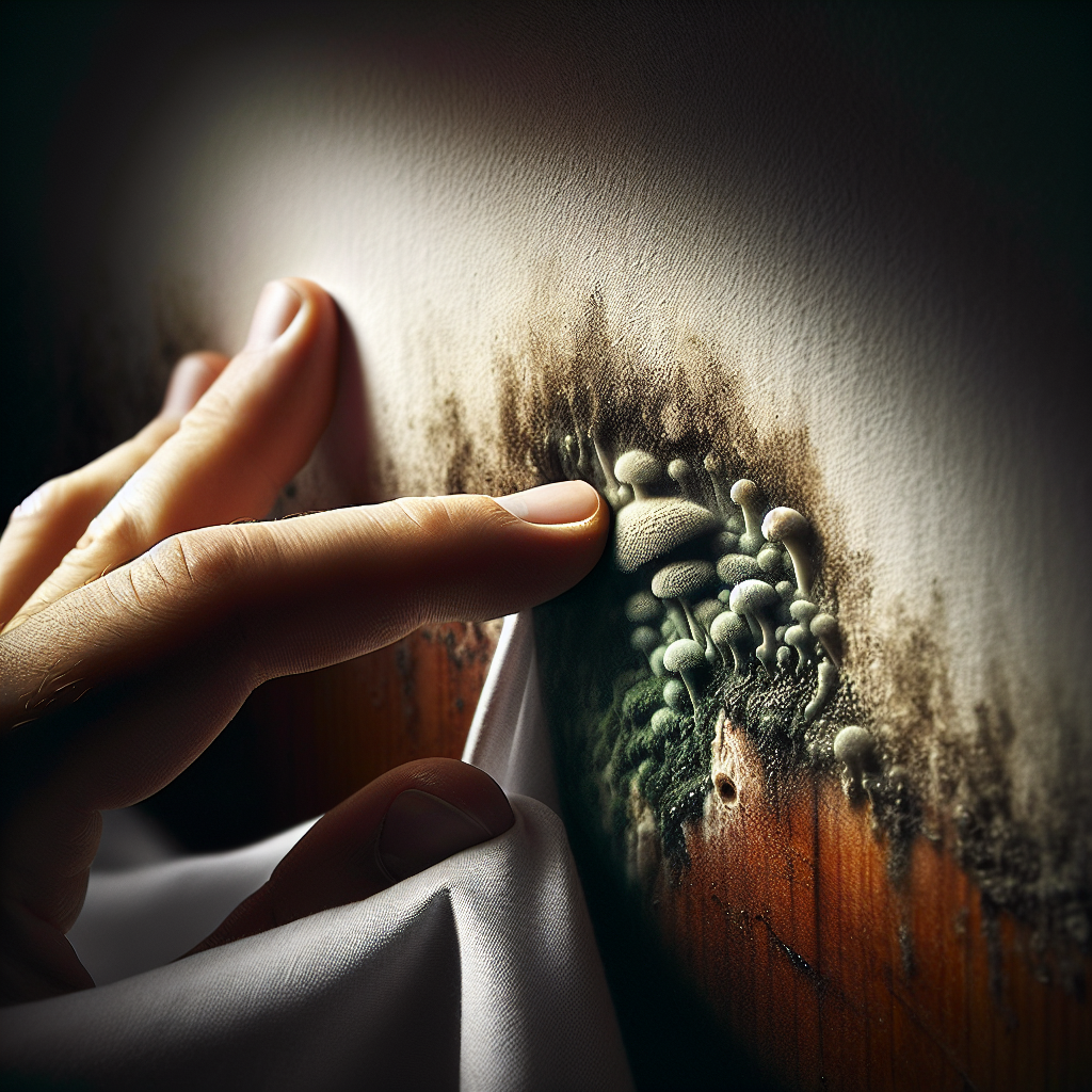 A detailed close-up shot of a domestic wall, slightly discolored with a nascent, subtle patch of dark mold, partially hidden behind a piece of furniture or a curtain that is being gently pulled back by a hand. Soft, revealing light illuminates the damp texture of the wall and the emerging mold. A very faint, almost transparent misty aura in muted greens and browns subtly rises from the mold, symbolizing the characteristic musty smell. Realistic photo, high detail on textures, focused on the discovery, conveying a sense of mild alarm.