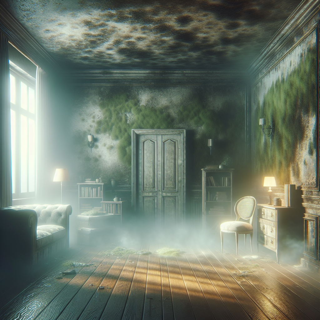 A visually oppressive image of a room filled with a subtle, unpleasant, musty green-brown haze, emanating from a hidden damp spot behind a piece of furniture. The air feels heavy and unwelcoming, indicating a pervasive mold smell problem. Photorealistic, moody lighting, detailed.