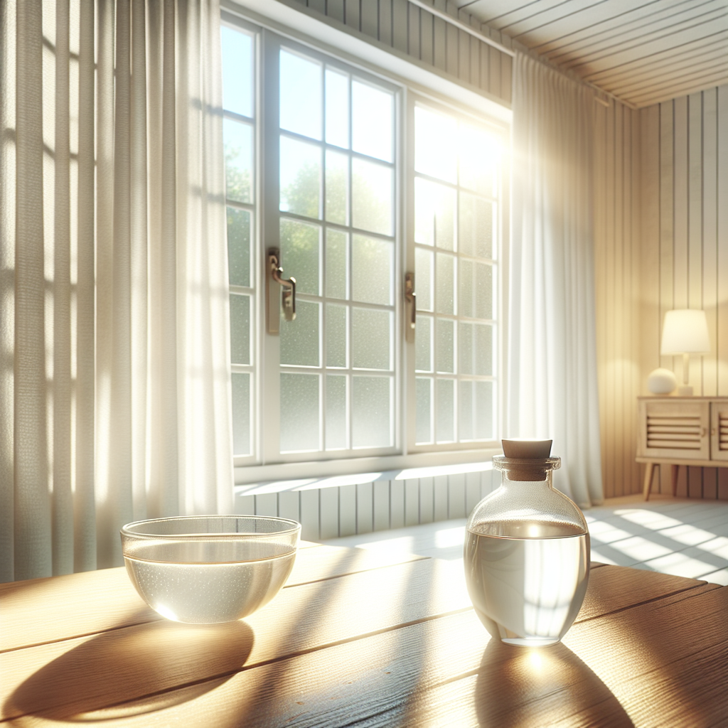A bright, clean room with an open window allowing fresh air and warm sunlight to stream in. On a clean wooden table, a small ceramic bowl filled with white vinegar is subtly placed, symbolizing a natural remedy against odors. The atmosphere is fresh and renewed. Photorealistic, warm and natural lighting, detailed.