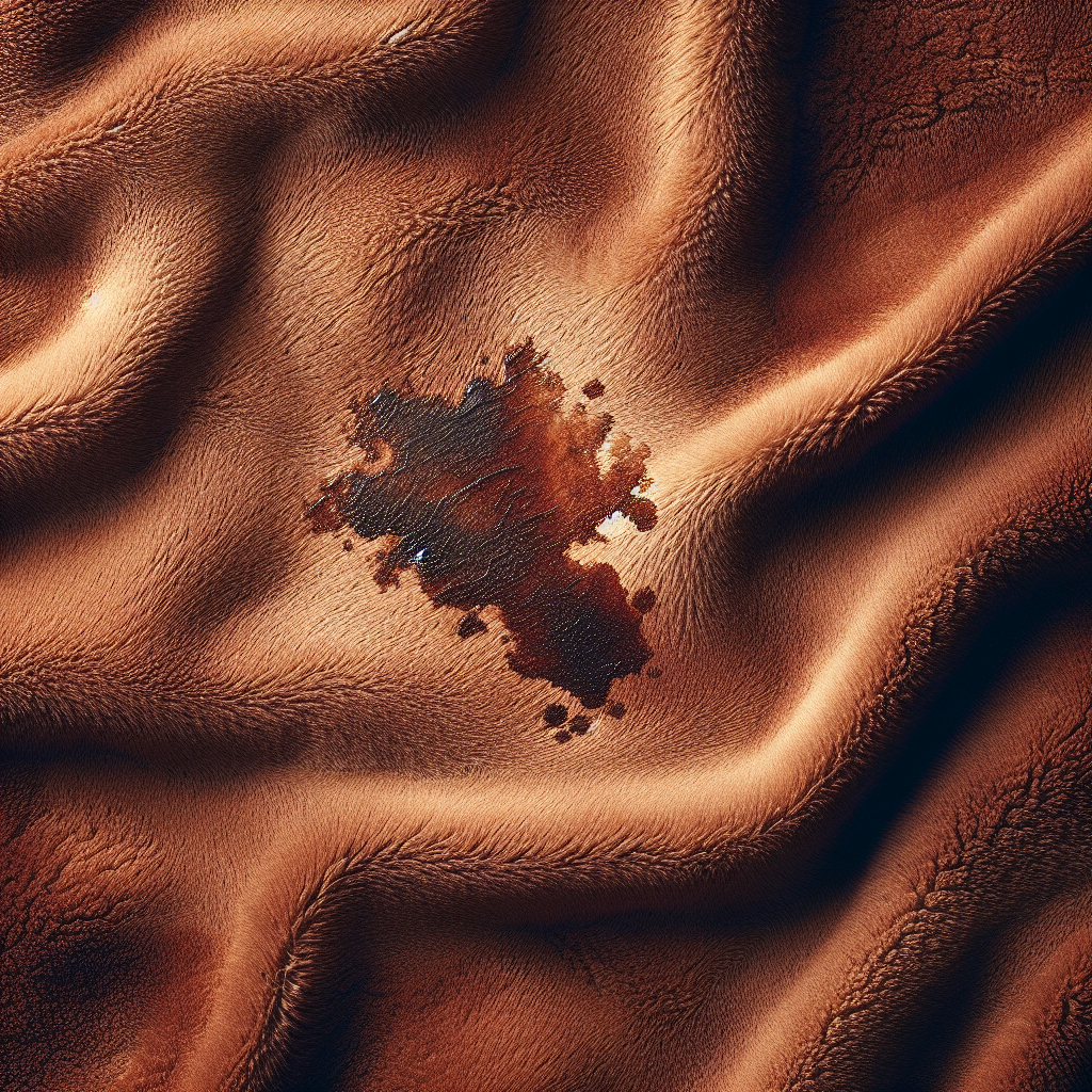 Close-up detailed photograph of a luxurious, soft brown suede surface marred by a distinct, fresh grease stain. The stain is absorbed into the nap, creating a darker, oily patch. The image evokes a feeling of frustration or mild distress over the damaged material. Soft, natural lighting highlights the suede texture.