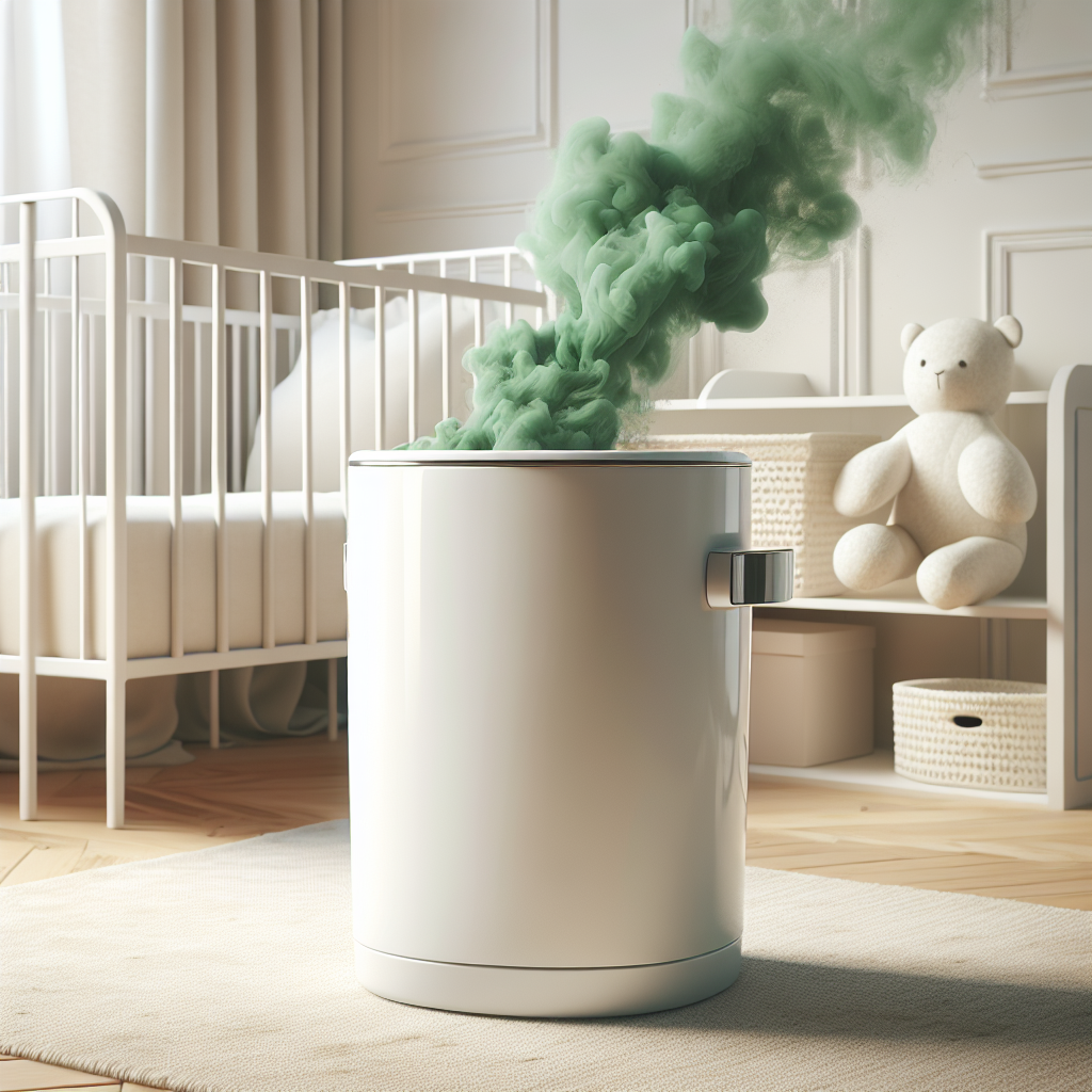 A modern, white diaper pail in a cozy baby nursery, slightly ajar, with a subtle, visually unsettling, greenish-brown gaseous cloud wafting upwards from it, representing an unpleasant odor. The room is otherwise clean and bright, contrasting with the source of the smell. Photorealistic, soft focus in background.