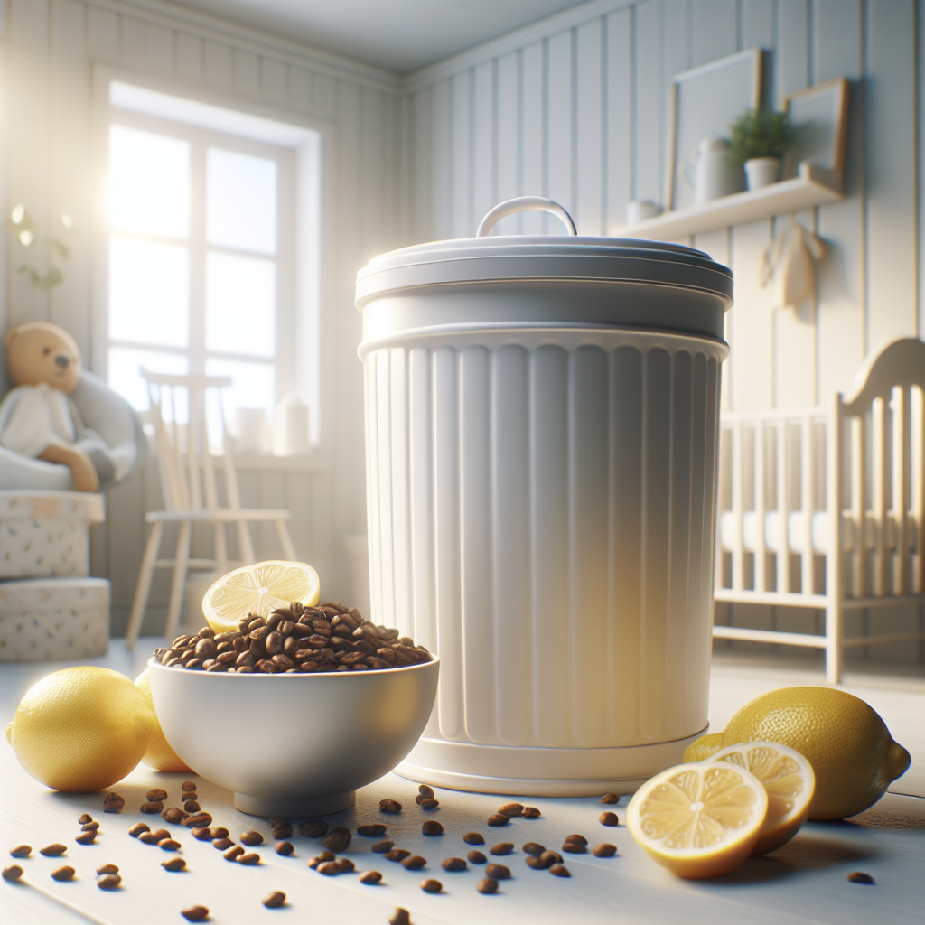 A sparkling clean and empty diaper pail, freshly washed, sitting in a bright and airy nursery. Next to it, a small bowl with fresh lemon slices and a few whole coffee beans, symbolizing natural odor neutralizers. The overall atmosphere is fresh, clean, and pleasant. Bright, high-key photography style.