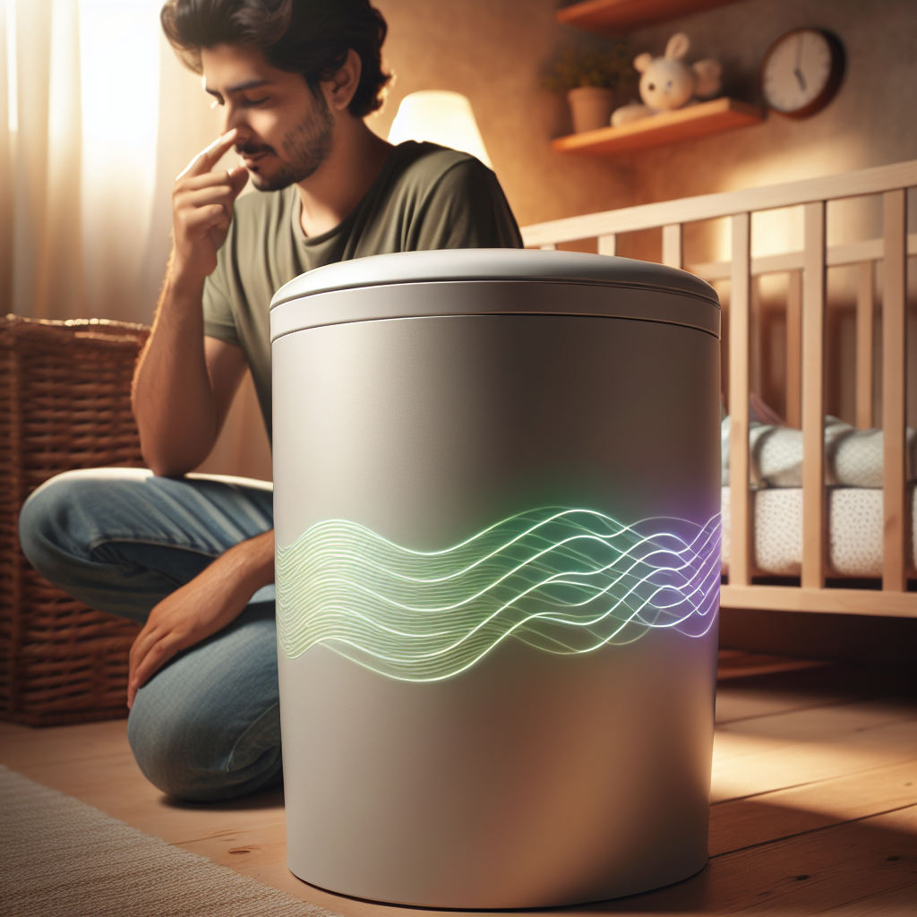 A modern, sleek diaper pail in a cozy nursery. From the closed lid, subtle, almost transparent wavy green or purple lines are emanating, indicating an unpleasant odor. A young parent in the background is subtly pinching their nose or looking slightly uncomfortable. Soft, realistic lighting, domestic atmosphere.