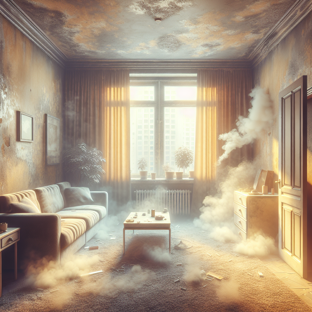 A photorealistic image of an apartment living room heavily affected by years of cigarette smoke. The walls, curtains, and furniture show a yellowish tint and appear dingy. The air looks slightly hazy, conveying a stale, unpleasant odor. Despite an open window in the background, the room feels heavy and permeated with the smell, depicting the problem before cleaning.