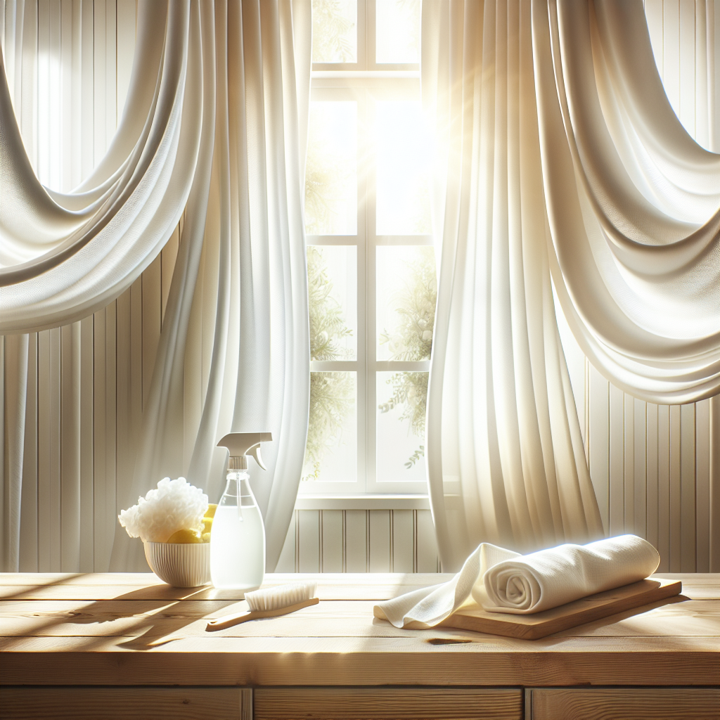 A bright, clean, and airy apartment interior. Sunlight streams through wide-open windows, making white curtains billow gently. On a freshly wiped wooden surface, there's a spray bottle, a clean cloth, and a bowl of fresh lemons or a bottle of white vinegar, symbolizing effective natural cleaning and neutralization of odors. The atmosphere is refreshing and pristine, free of any unwanted smells, depicting the successful outcome of cleaning.