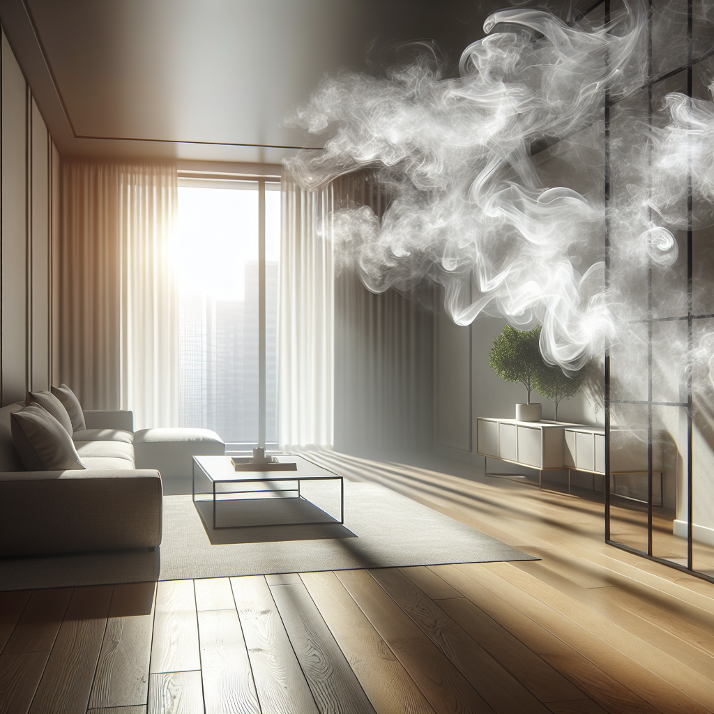 A modern apartment living room, subtly permeated by a faint, wispy smoke haze. A large window is wide open, with bright sunshine and a gentle breeze blowing fresh, clean air into the room, creating a striking contrast between the lingering odor and the incoming freshness.
