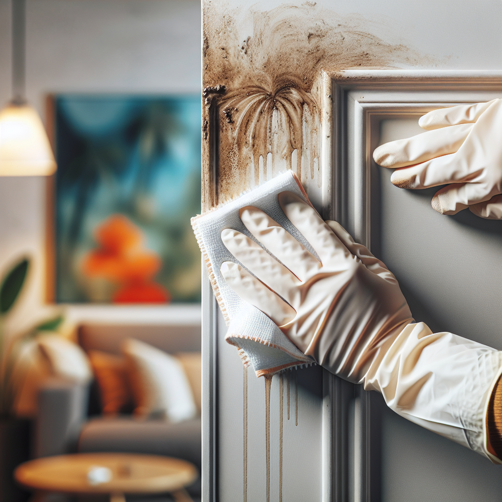 Close-up of hands wearing cleaning gloves, diligently wiping down a surface like a wall or furniture in an apartment. A cleaning cloth is visibly removing a subtle brownish residue (representing nicotine/smoke), leaving the cleaned area behind it noticeably brighter and fresher. In the background, a blurred, clean apartment interior is visible.