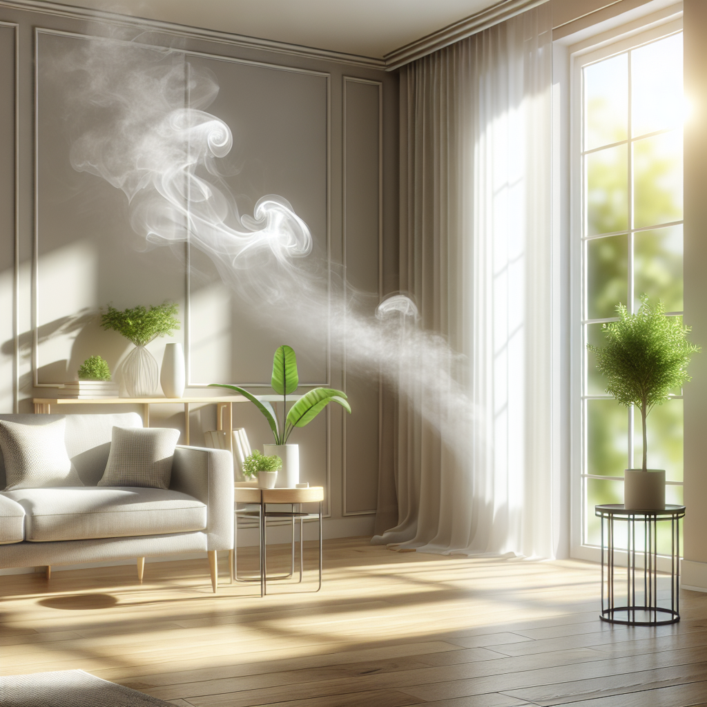 A bright, modern apartment living room, where a subtle, translucent wisp of grey smoke (representing lingering odor) is visibly being drawn out of an open window by a gentle breeze. The room itself is clean and inviting, with a fresh green plant on a table and sunlight streaming in. Emphasize a sense of renewed freshness and cleanliness overcoming a faint presence of stale air. Realistic, clean photography style.