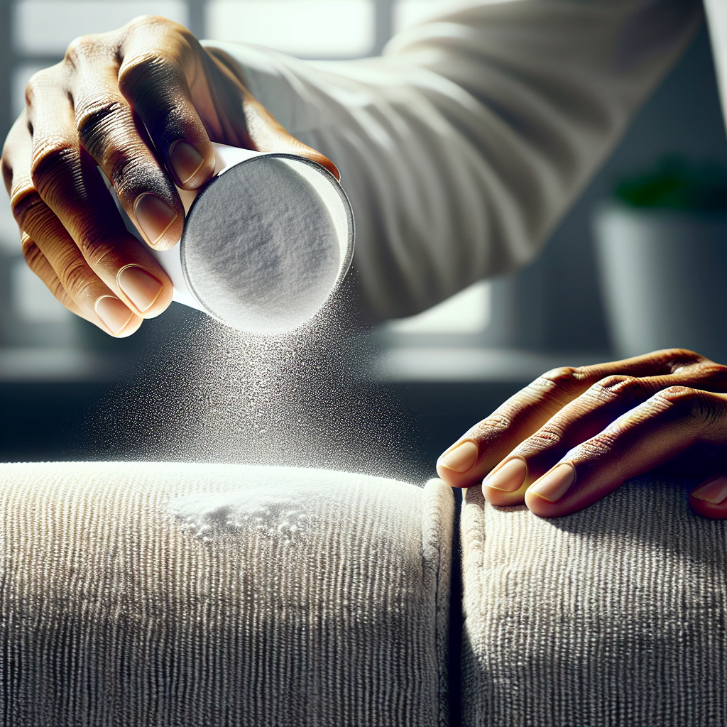 A detailed close-up shot of hands gently sprinkling white baking soda powder over the fabric of a light-colored upholstered armchair or sofa. In the background, out of focus, a clean, well-maintained apartment living space is visible, suggesting a deep cleaning process. The lighting is soft and natural, highlighting the texture of the fabric and the fine powder. Realistic, high-resolution photography style.