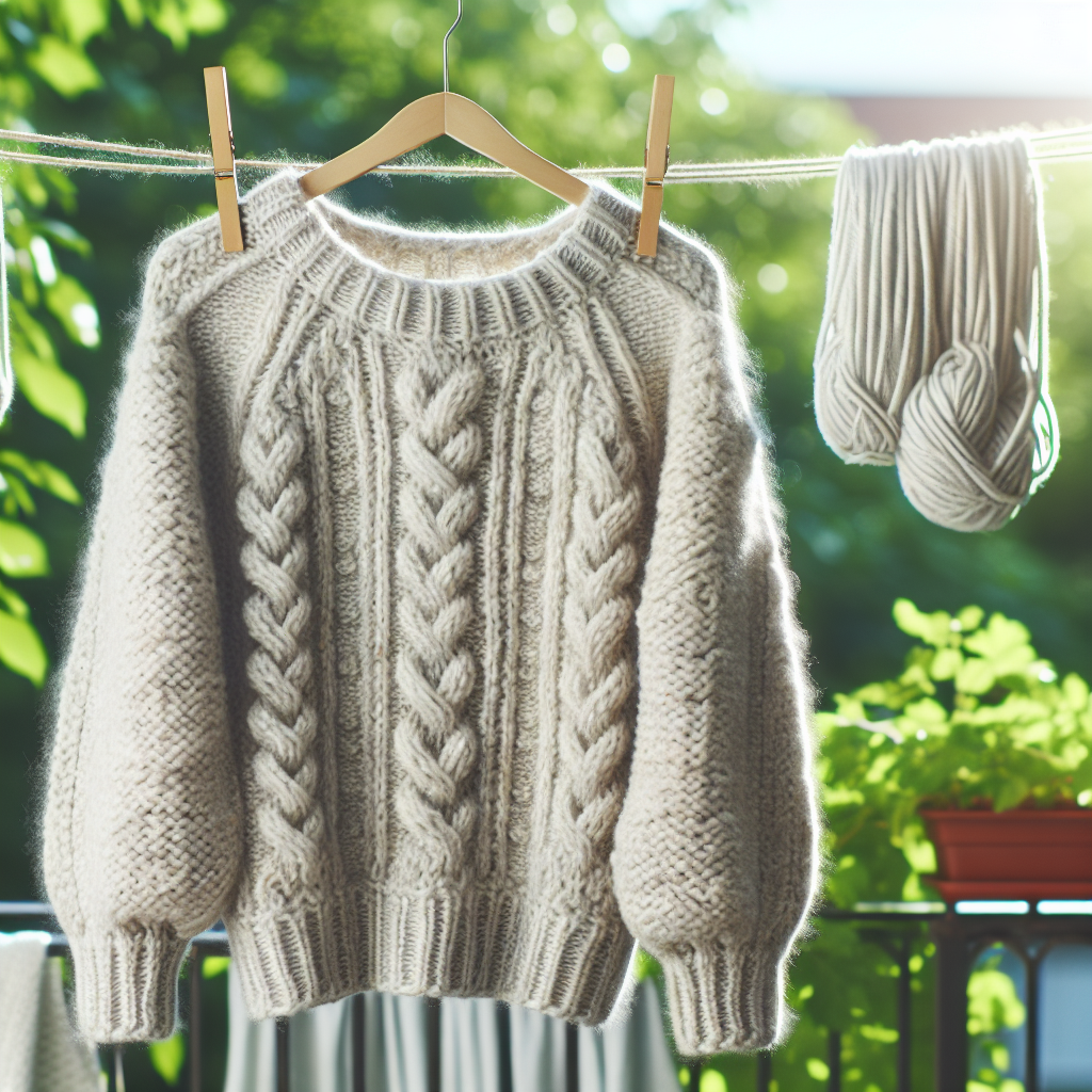 A cozy, chunky knit wool sweater (e.g., in a cream or light grey color) hanging outdoors on a clothesline or a balcony railing. The setting is fresh and airy, with soft, natural light, suggesting a gentle breeze and clean air. The background could subtly feature green foliage or a clear sky. Emphasize the natural texture of the wool and a feeling of freshness. Realistic photo style.