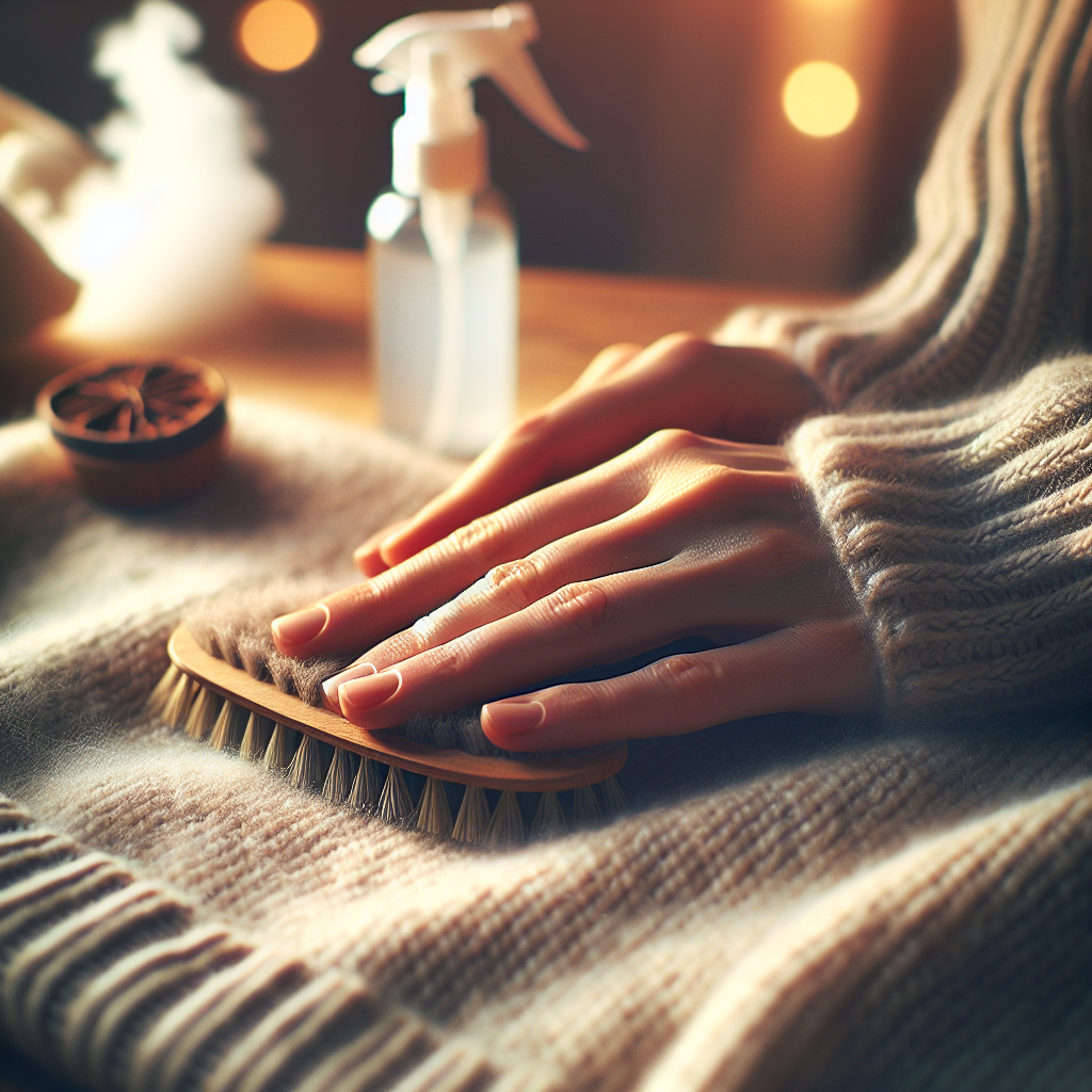 A close-up of a pair of hands gently touching a soft, clean wool sweater, conveying a sense of freshness and care. In the slightly blurred background, hints of common household items used for refreshing clothes without washing are visible, such as a subtle waft of steam, a spray bottle, or a small bowl (suggesting baking soda). The focus is on the inviting texture of the sweater and the concept of gentle refreshment. Warm, inviting lighting, realistic photo style.
