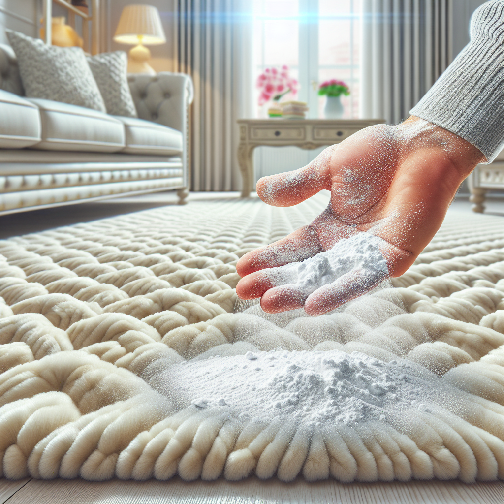 A close-up shot of a luxurious, light-colored wool carpet. A hand is gently sprinkling fine white powder (baking soda) onto the carpet's surface. The setting is bright and clean, conveying a sense of effective home cleaning and odor removal. Realistic, cozy, high detail.