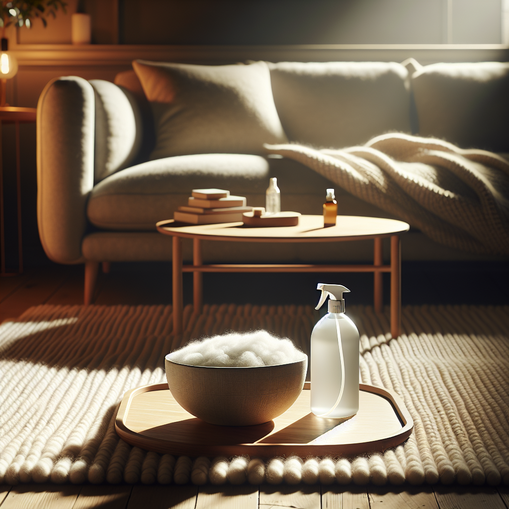 A serene, sunlit living room with a prominent, fresh-looking wool carpet. The carpet appears soft, clean, and inviting, creating a warm atmosphere. On a nearby coffee table, a subtle arrangement includes a small, elegant bowl of baking soda and a minimalist spray bottle, hinting at natural cleaning solutions. Warm lighting, realistic, cozy home environment.