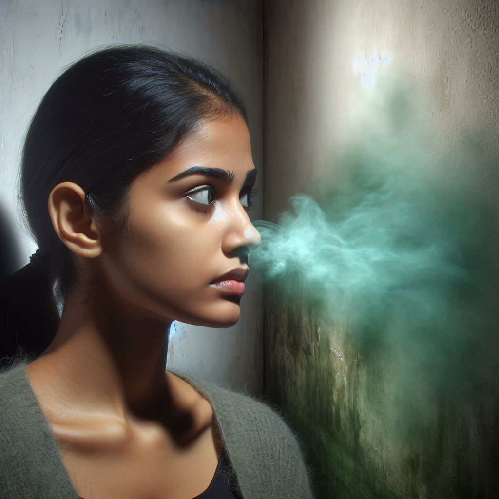 A person with a slightly concerned expression, gently sniffing the air in a subtly damp and slightly shadowed corner of a home. A faint, ethereal, greenish-grey mist emanates from the wall, abstractly representing an unseen musty odor. Realistic photography, natural light, emphasizing a sense of hidden problem.