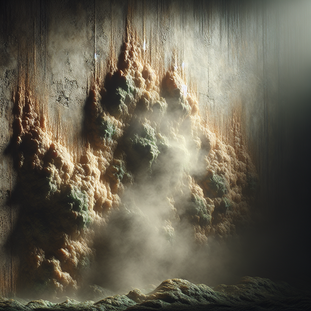 An atmospheric close-up of a damp, textured wall in a dimly lit cellar or bathroom, with subtle patches of greenish-brown moisture. A soft, hazy, earthy-colored vapor subtly rises from the wall, visually symbolizing a strong, musty smell. Photorealistic, moody lighting, focusing on the texture of dampness and the emanation of odor.