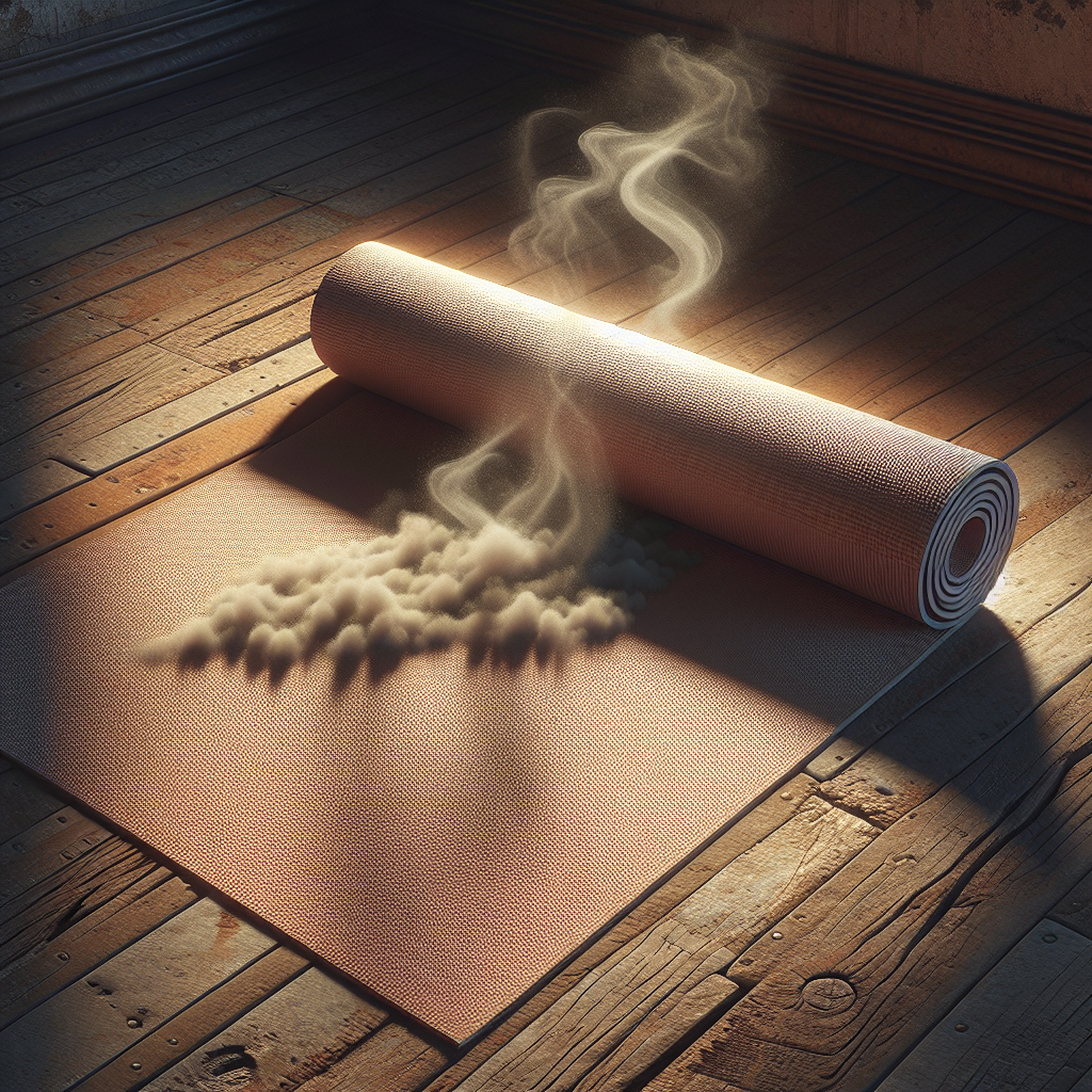 A used yoga mat unrolled on a wooden floor, with subtle, almost visible wisps of unpleasant odor or a faint, shadowy cloud emanating from its surface. The room is softly lit, creating a slightly melancholic atmosphere, emphasizing the need for cleaning. A feeling of 'before' a cleaning. High detail, photorealistic.