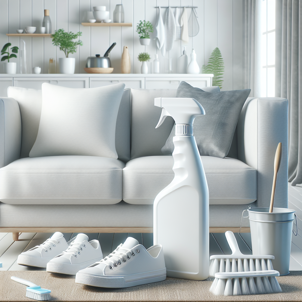 A clean, bright, and modern image showcasing a Zekol Geruchsentferner spray bottle prominently displayed. Around the bottle, various common household items are arranged, all appearing fresh and free of odors: a pristine white sneaker, a section of a cozy sofa with a clean cushion, and a gleaming kitchen waste bin with a subtle 'fresh air' aura. The background is a minimalist, airy home interior, emphasizing cleanliness. High-resolution, photographic style.