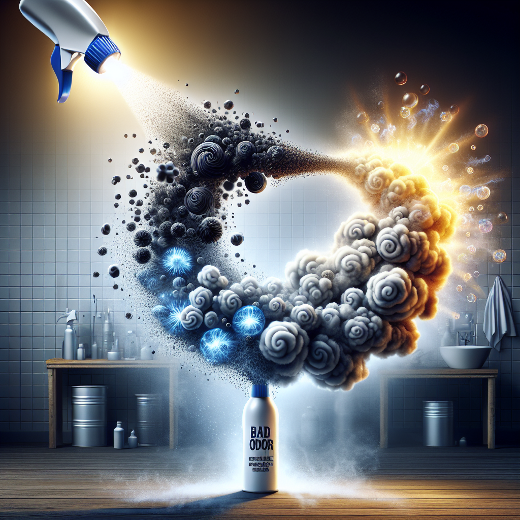 A dynamic and conceptual image depicting the process of odor neutralization. A Zekol Geruchsentferner spray bottle is shown mid-spray, emitting a fine mist. In the air, 'bad odor' molecules (represented as faint, dark, swirling wisps) are visibly disintegrating and being replaced by sparkling, clear, and fresh air molecules emanating from the spray. The setting is a bright, generic indoor space like a kitchen or bathroom, focusing on the transformation from unpleasant to fresh. Realistic, high detail, symbolizing effective odor removal.