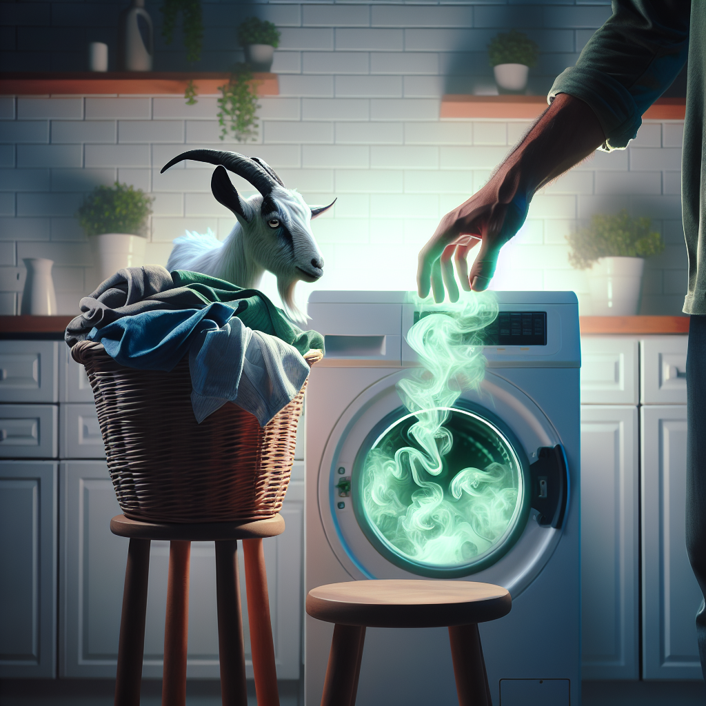 In a clean, bright laundry room, a pile of clothes on a wooden stool emits faint, wavy, unpleasant green-grey wisps, representing goat smell. A person's hand reaches into a modern, open washing machine, which glows with a soft, clean white light, ready to wash the clothes and eliminate the odor. The scene has a realistic, domestic feel with natural light.