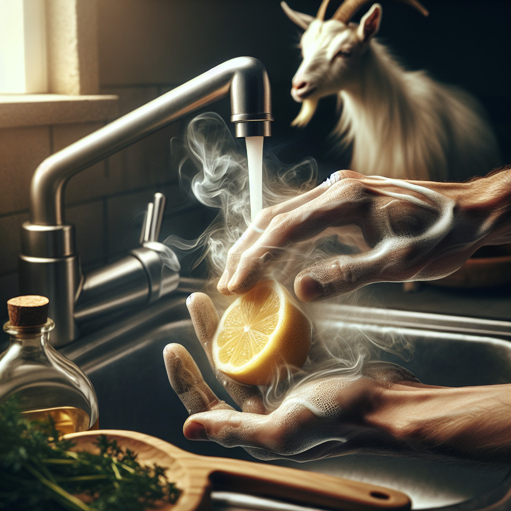 A close-up of a person's hands actively scrubbing with a cut lemon half over a kitchen sink. Subtle, almost transparent, smoke-like tendrils dissipate from the hands, symbolizing the removal of a lingering, unpleasant goat odor. In the soft-focus background, a bottle of vinegar and a sprig of fresh herbs are visible on a clean counter, emphasizing natural remedies and freshness. Warm, natural light, realistic style.