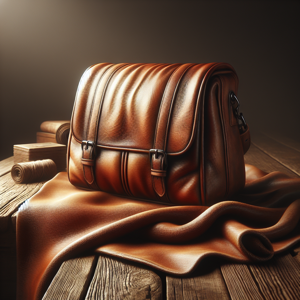 A luxurious, soft goat leather satchel bag on a rustic wooden table, with warm, inviting natural light filtering in. The texture of the leather is prominent, showcasing its quality. A very subtle, almost imperceptible wavy distortion around the bag hints at an unseen odor, but the overall image is clean and elegant. High detail, photorealistic.