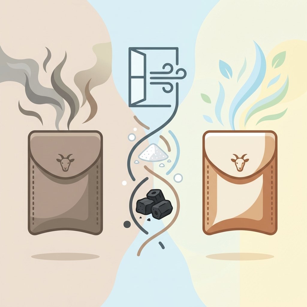 A clean, modern flat illustration depicting a conceptual transformation of goat leather. On one side, a stylized piece of goat leather (like a small bag or wallet) subtly emits wavy, abstract 'odor lines' in muted, slightly darker tones. On the other side, the same leather item appears fresh and bright, emanating light, airy, and possibly leaf-like 'freshness lines'. In the center, a few subtle, natural elements like baking soda granules, small charcoal pieces, or a small open window symbol are visually intertwined with the leather, symbolizing the odor removal process. The overall palette is soft and inviting.